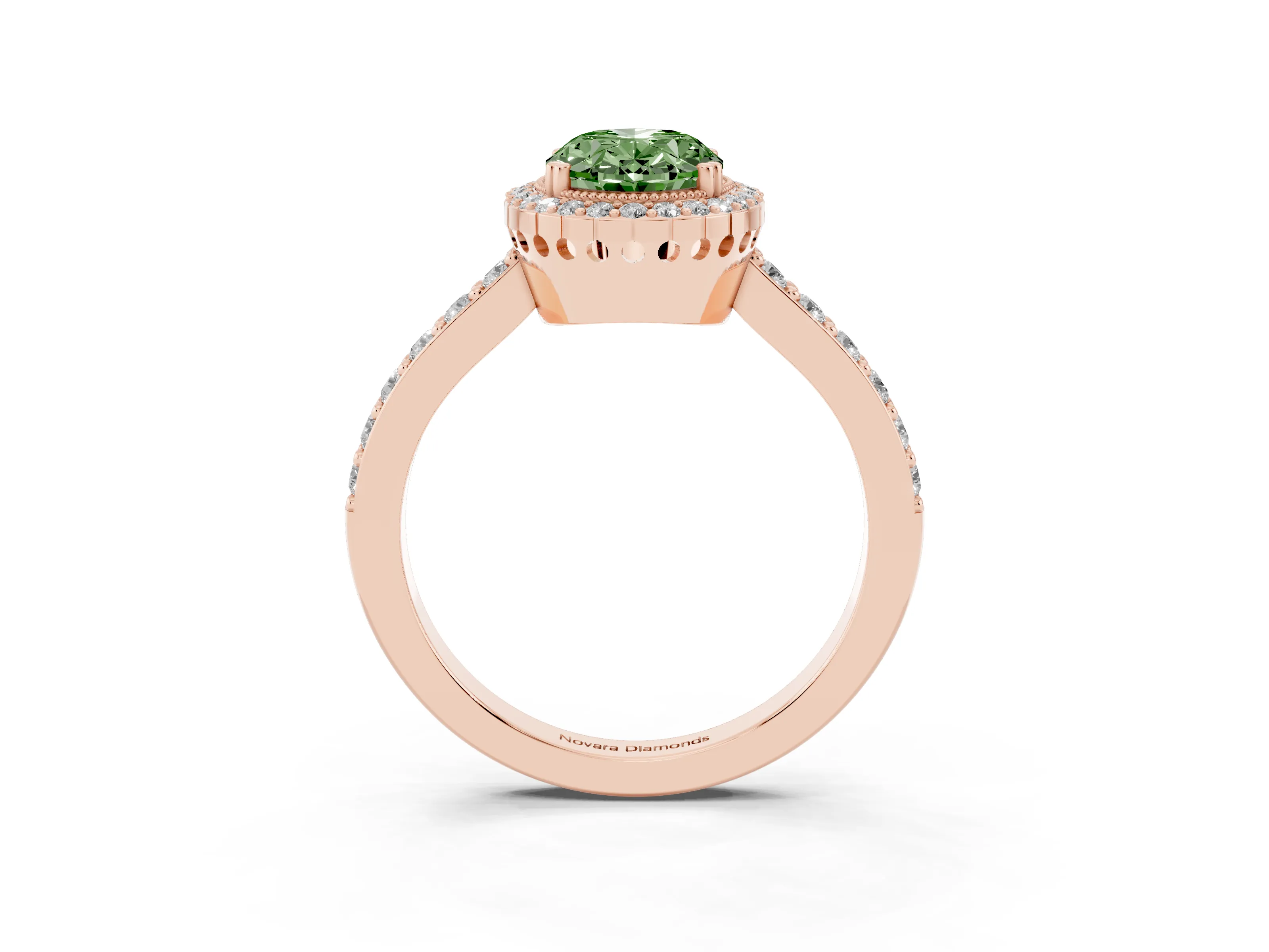 Fancy Green Oval Cut Diamond Halo Engagement Ring Set in Rose gold with Milgrain Detail and Pavé Band