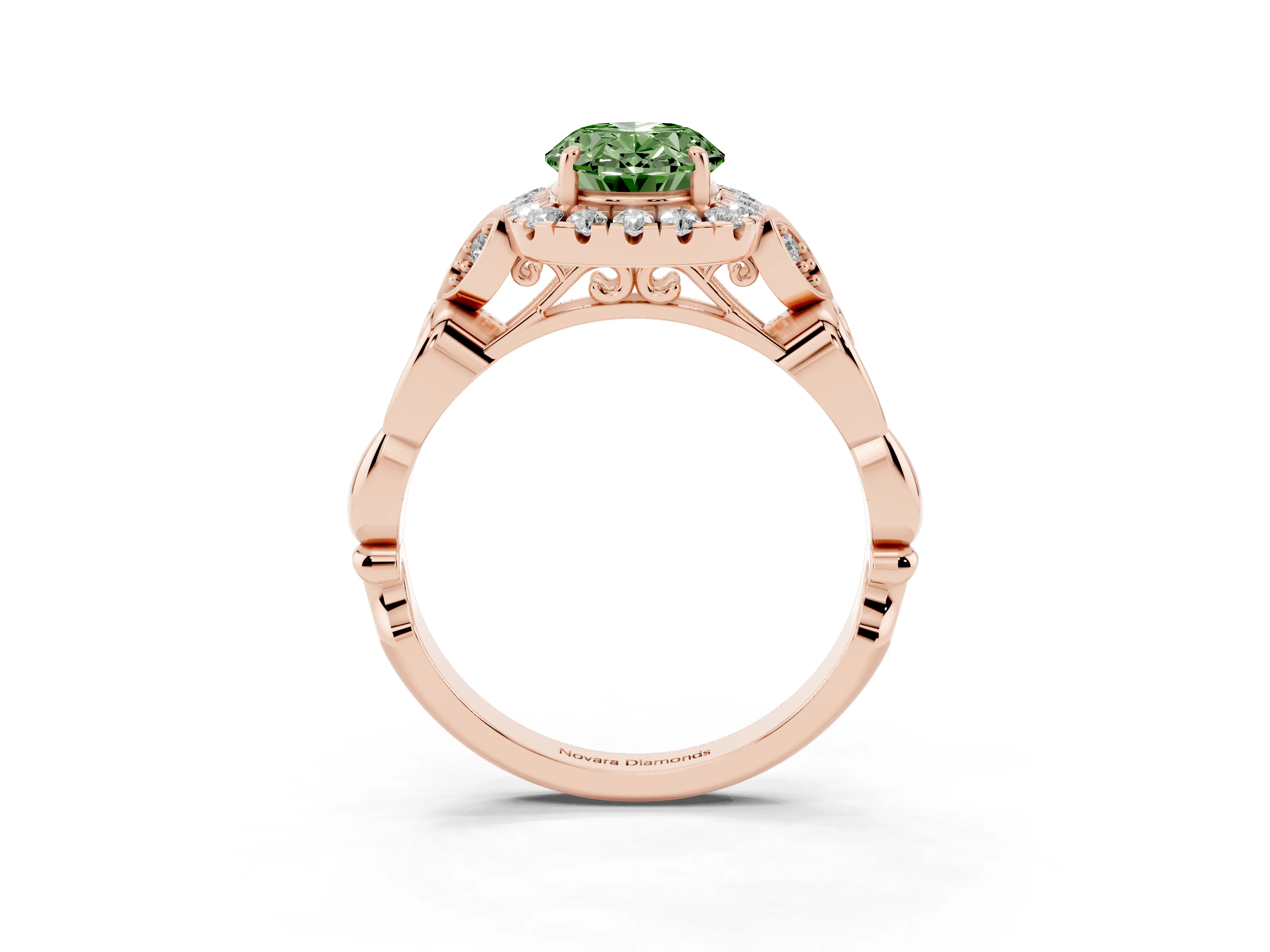 Fancy Green Oval Cut Diamond Halo Engagement Ring Set in Rose gold with Vintage-Inspired Band and Prong Setting