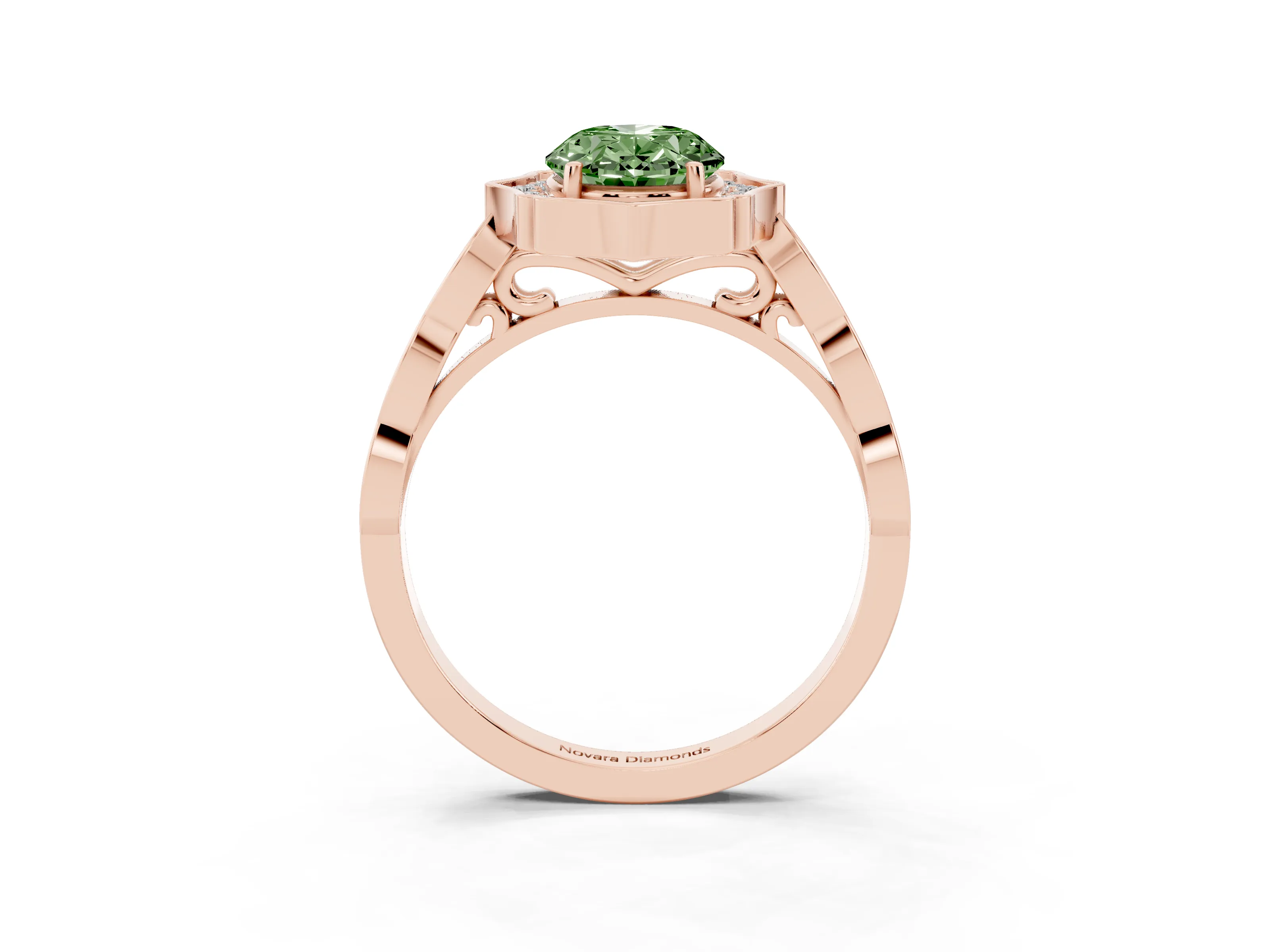 Fancy Green Oval Cut Diamond Halo Engagement Ring Set in Rose gold with Milgrain Band and Prong Setting