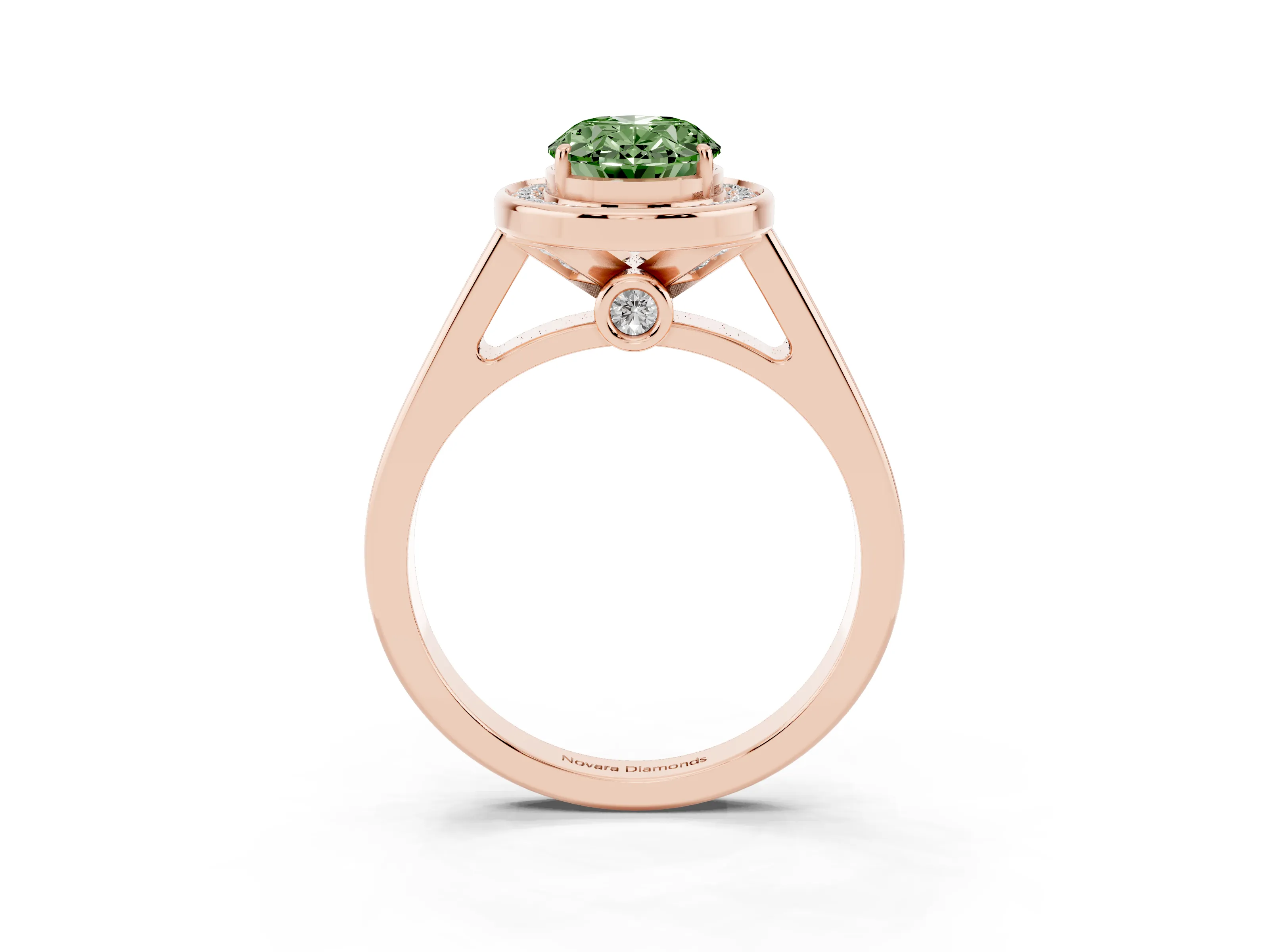 Fancy Green Oval Cut Diamond Halo Solitaire Ring Set in Rose gold with Pavé Band and Bezel Setting
