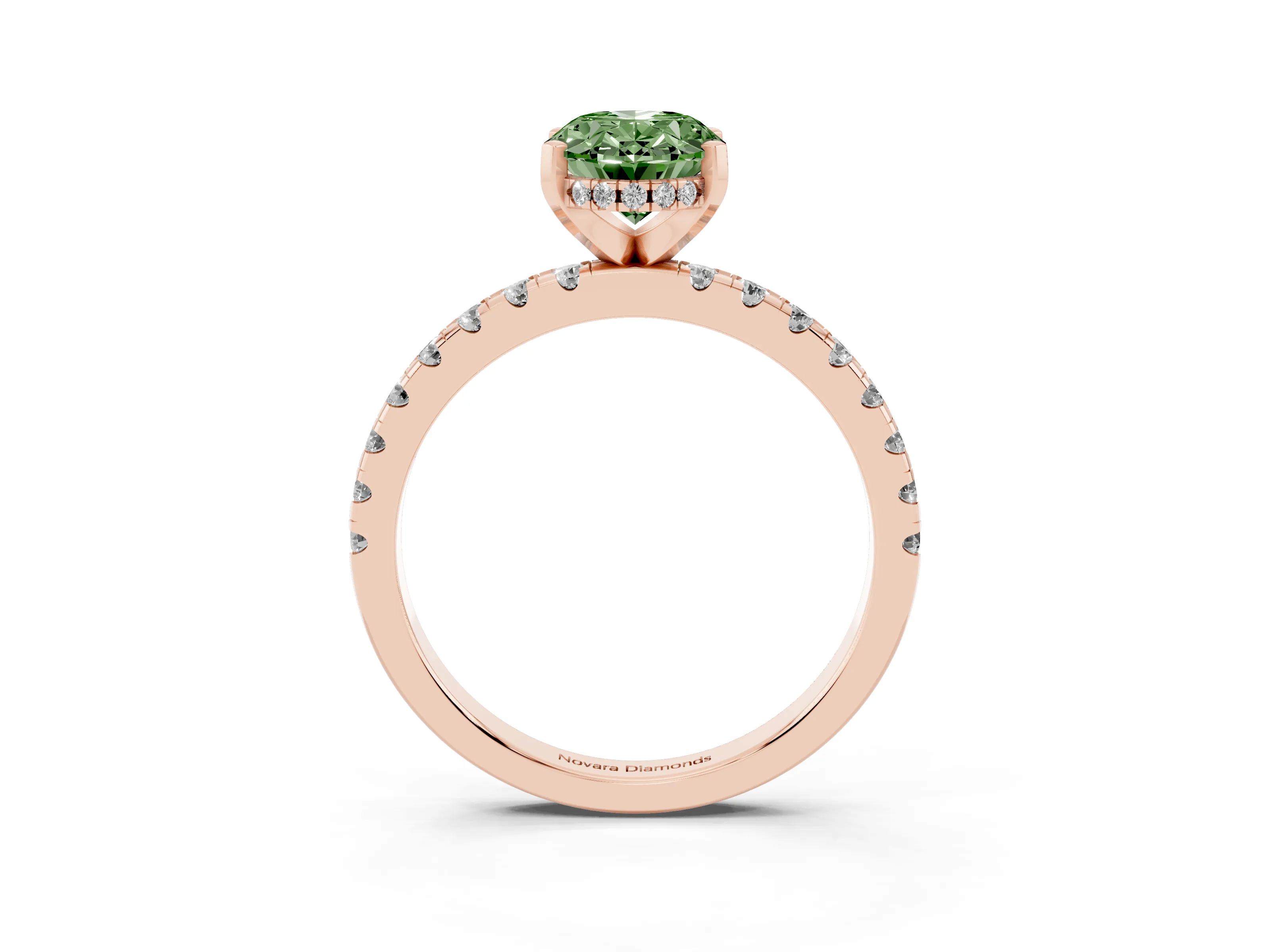 Fancy Green Oval Cut Diamond Pavé Solitaire Ring Set in Rose gold with Round Band Accents and Prong Setting