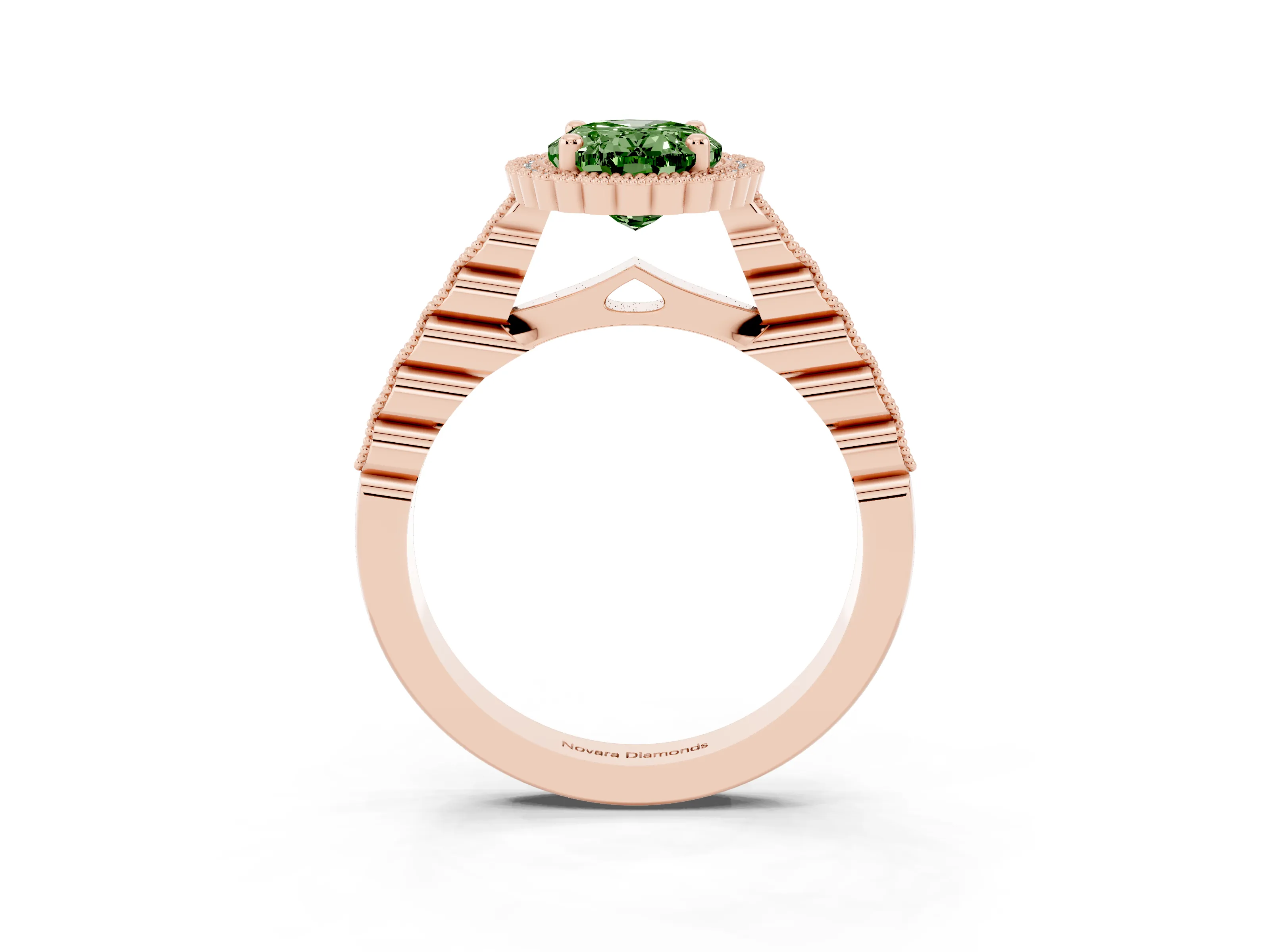Fancy Green Oval Cut Diamond Halo Ring Set in Rose gold with Pavé Milgrain Band