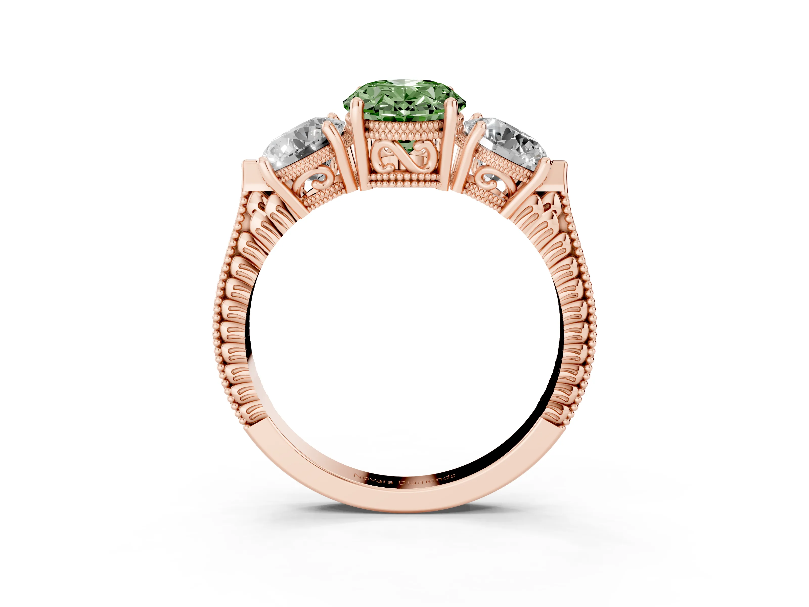 Fancy Green Oval Cut Diamond Three-Stone Ring Set in Rose gold with Milgrain Band
