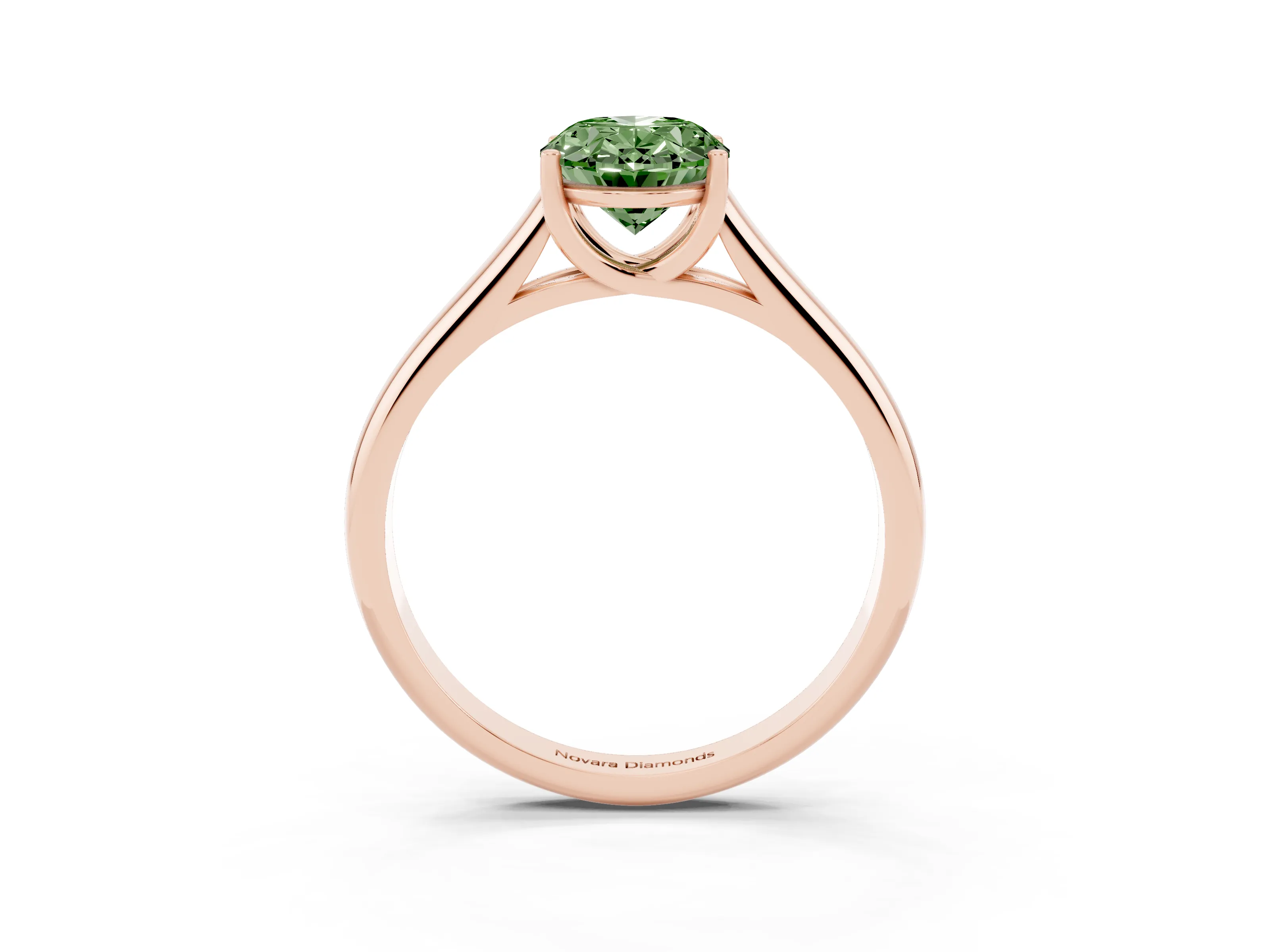 Fancy Green Oval Cut Diamond Solitaire Engagement Ring Set in Rose gold with Subtly Tapered Band and Prong Setting