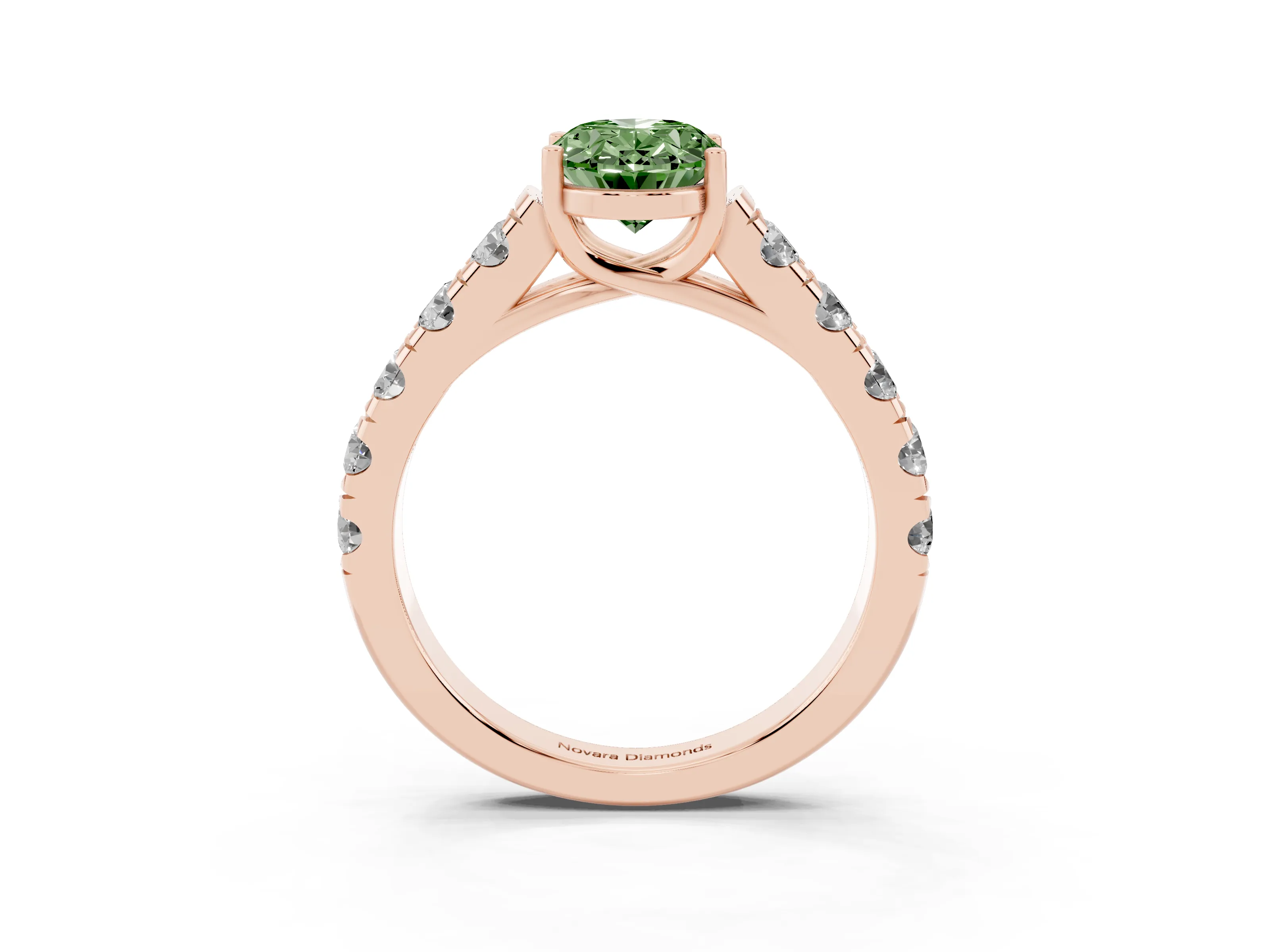 Fancy Green Oval Cut Diamond Solitaire Ring Set in Rose gold with Cut-Down Micro Pavé Band and Prong Setting