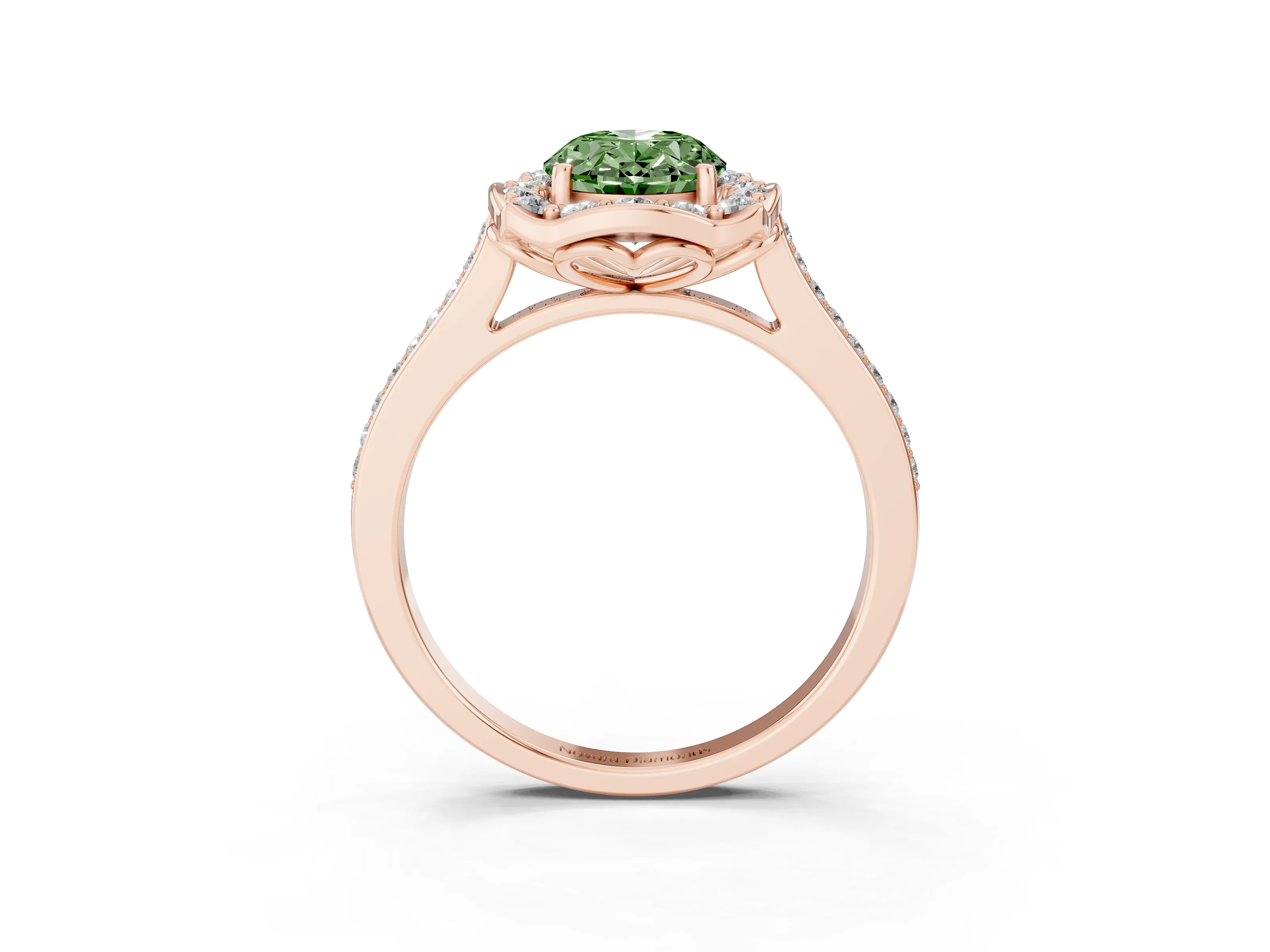 Fancy Green Oval Cut Diamond Halo Ring Set in Rose gold with Pavé-Lined Shoulders and Prong Setting