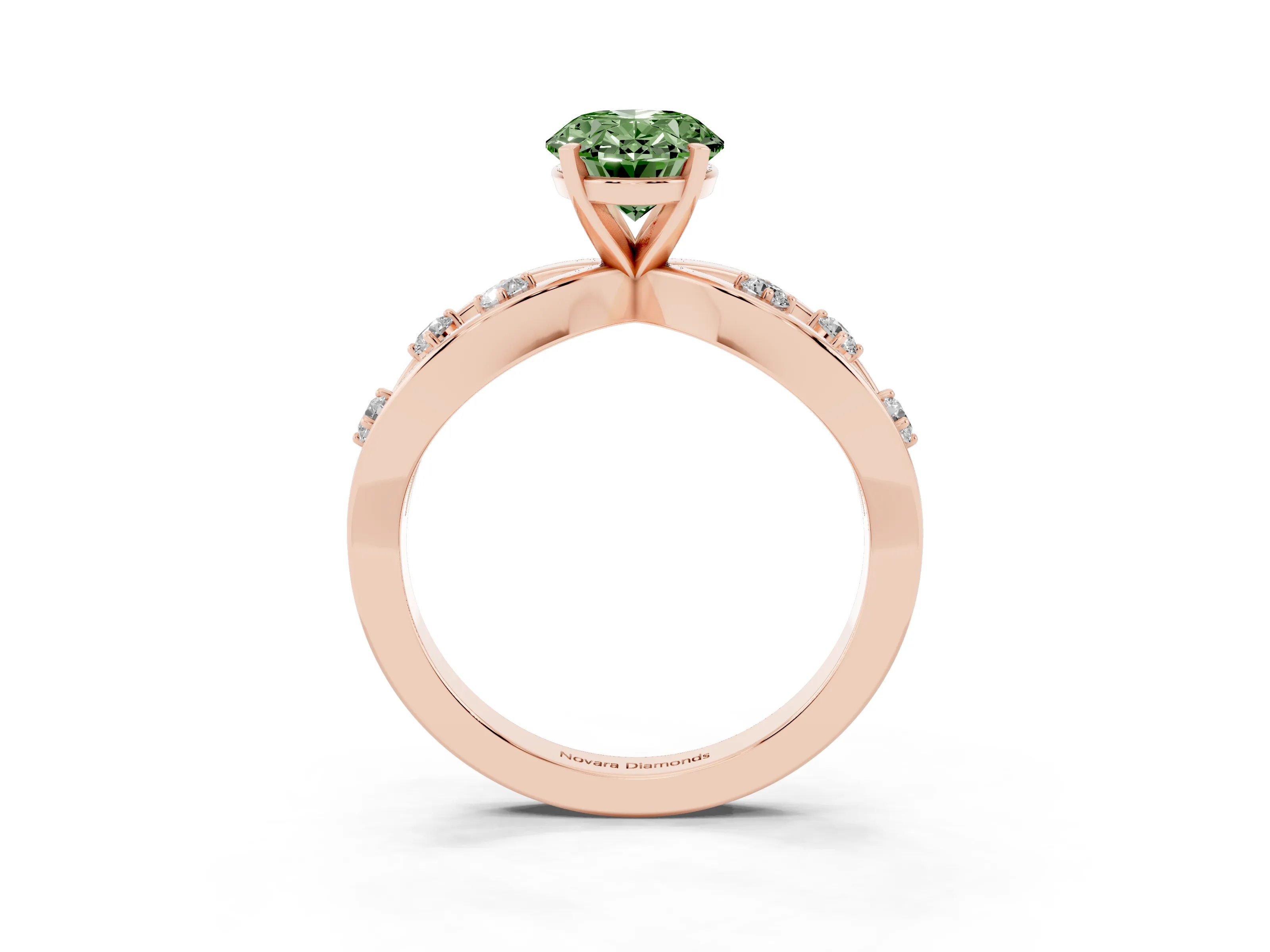 Fancy Green Oval Cut Diamond Solitaire Ring Set in Rose gold with Side Stones on Criss-Cross Band and Prong Setting