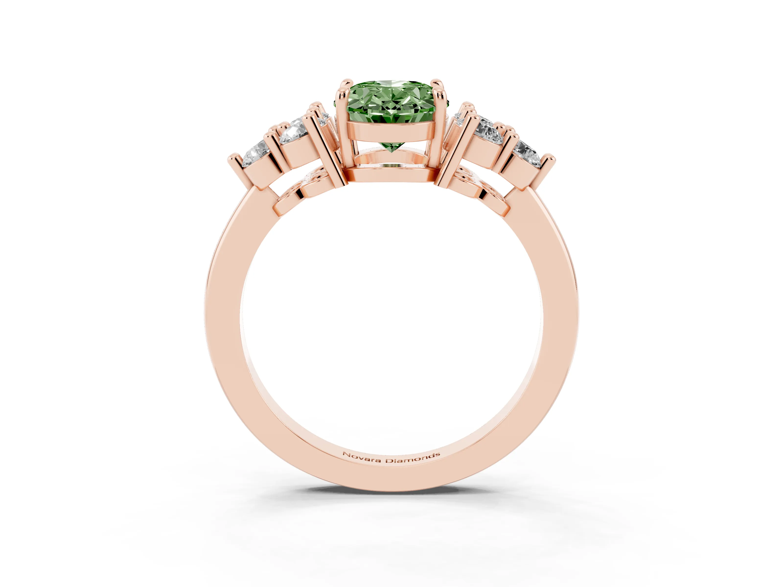 Fancy Green Oval Cut Diamond Solitaire Ring Set in Rose gold with Cluster Accents on Each Side
