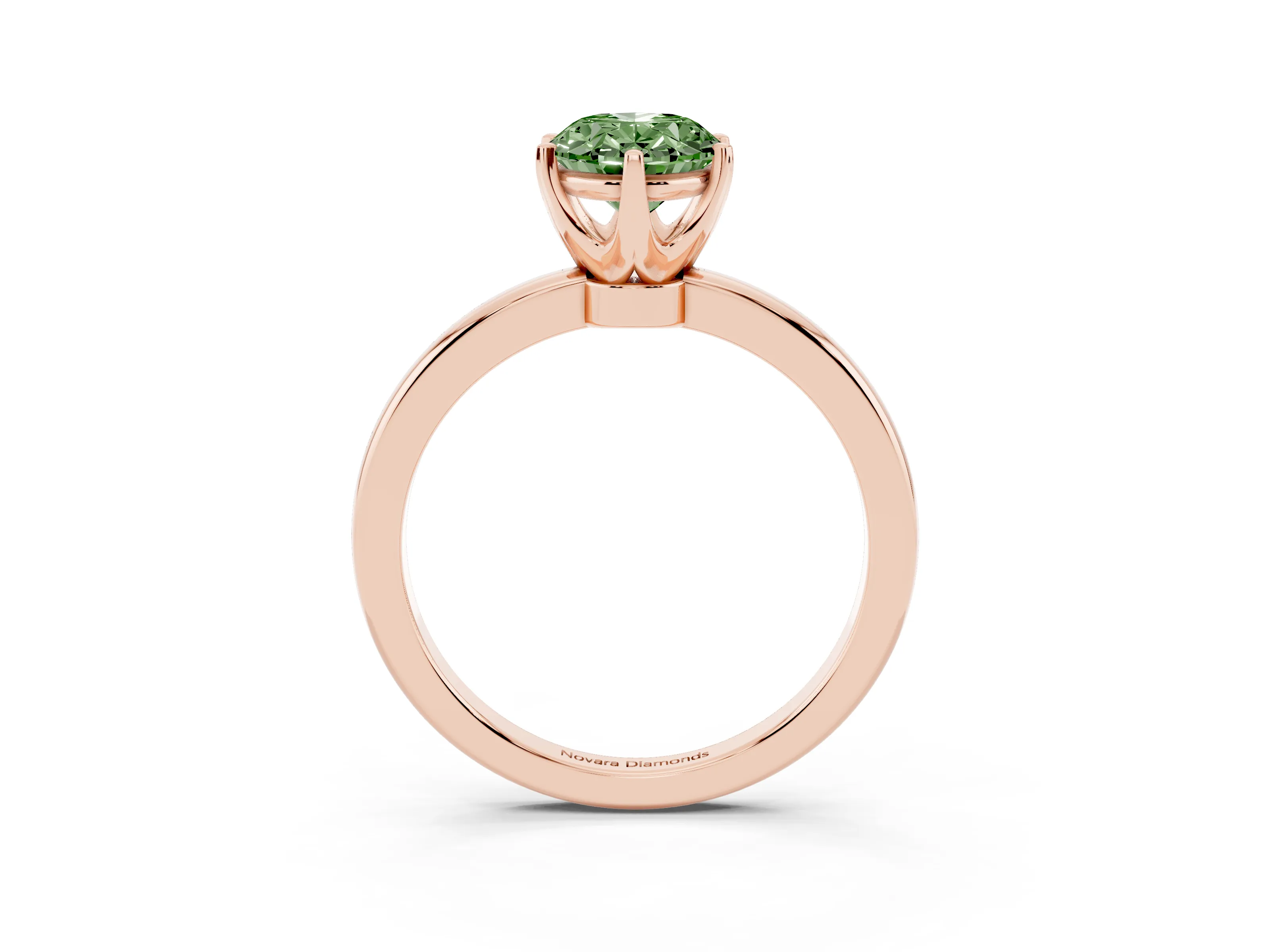 Fancy Green Oval Cut Diamond Solitaire Ring Set in Rose gold with Raised Prong Setting on a Classic Band