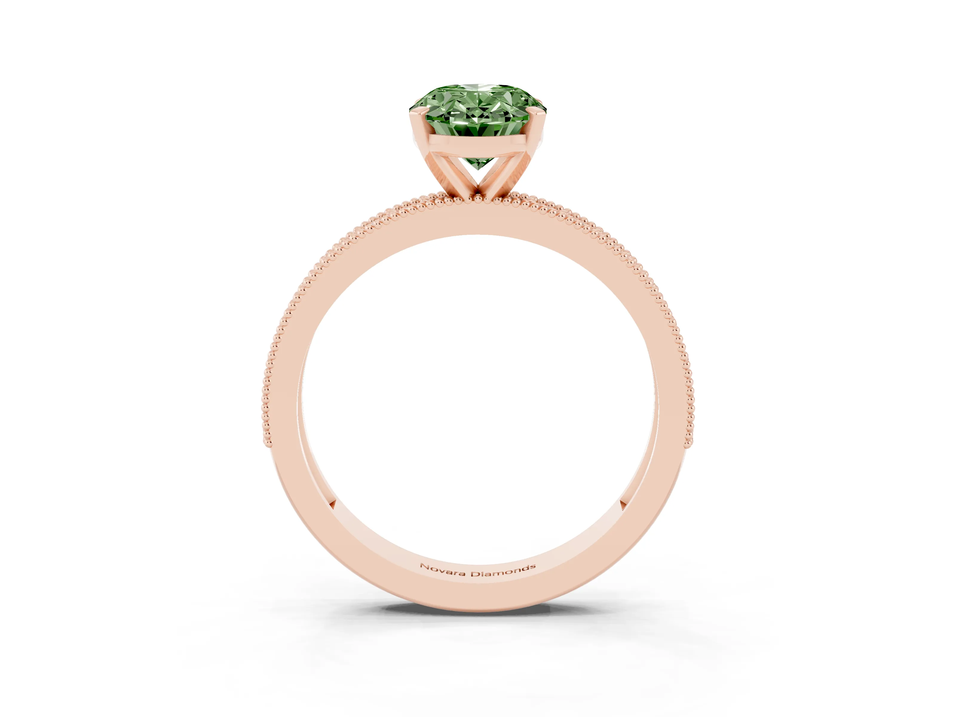 Fancy Green Oval Cut Diamond Milgrain Pavé Engagement Ring Set in Rose gold with Prong Setting