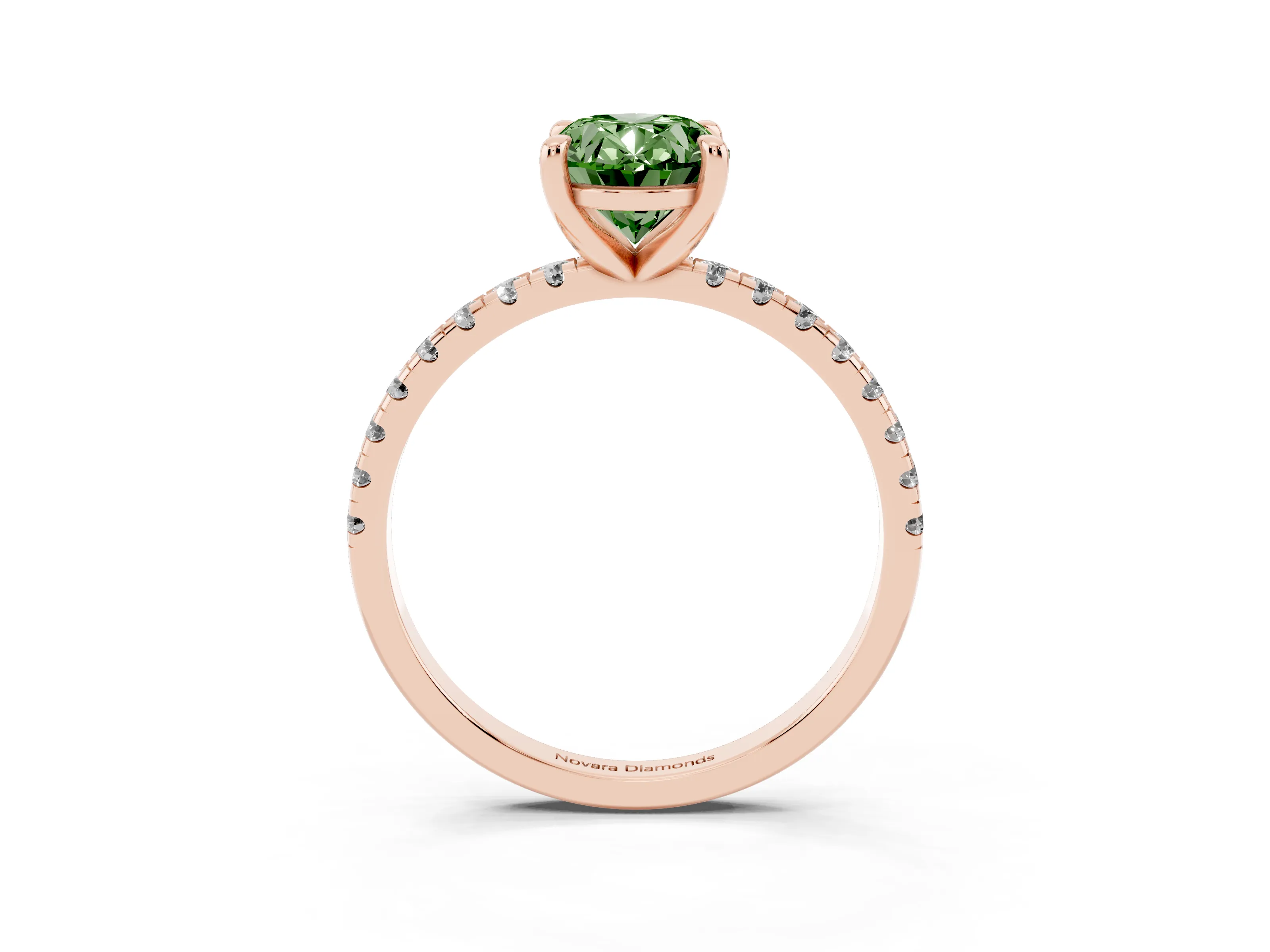 Fancy Green Oval Cut Diamond Brilliant Solitaire Ring Set in Rose gold with Pavé Band and Prong Setting