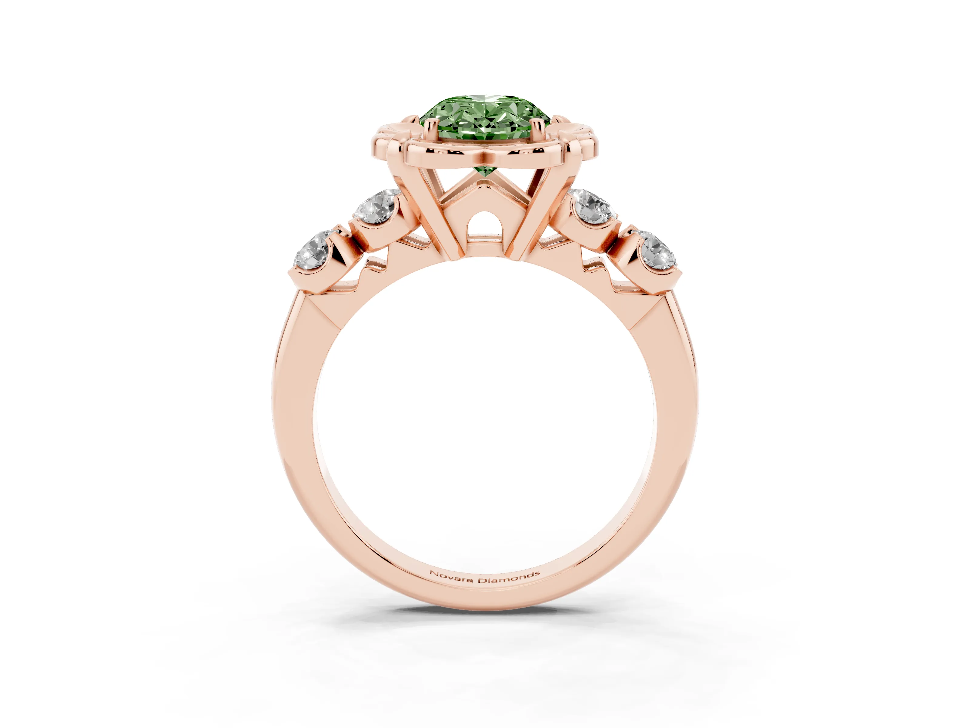 Fancy Green Oval Cut Diamond Floral Halo Ring Set in Rose gold with Shared Prong Band