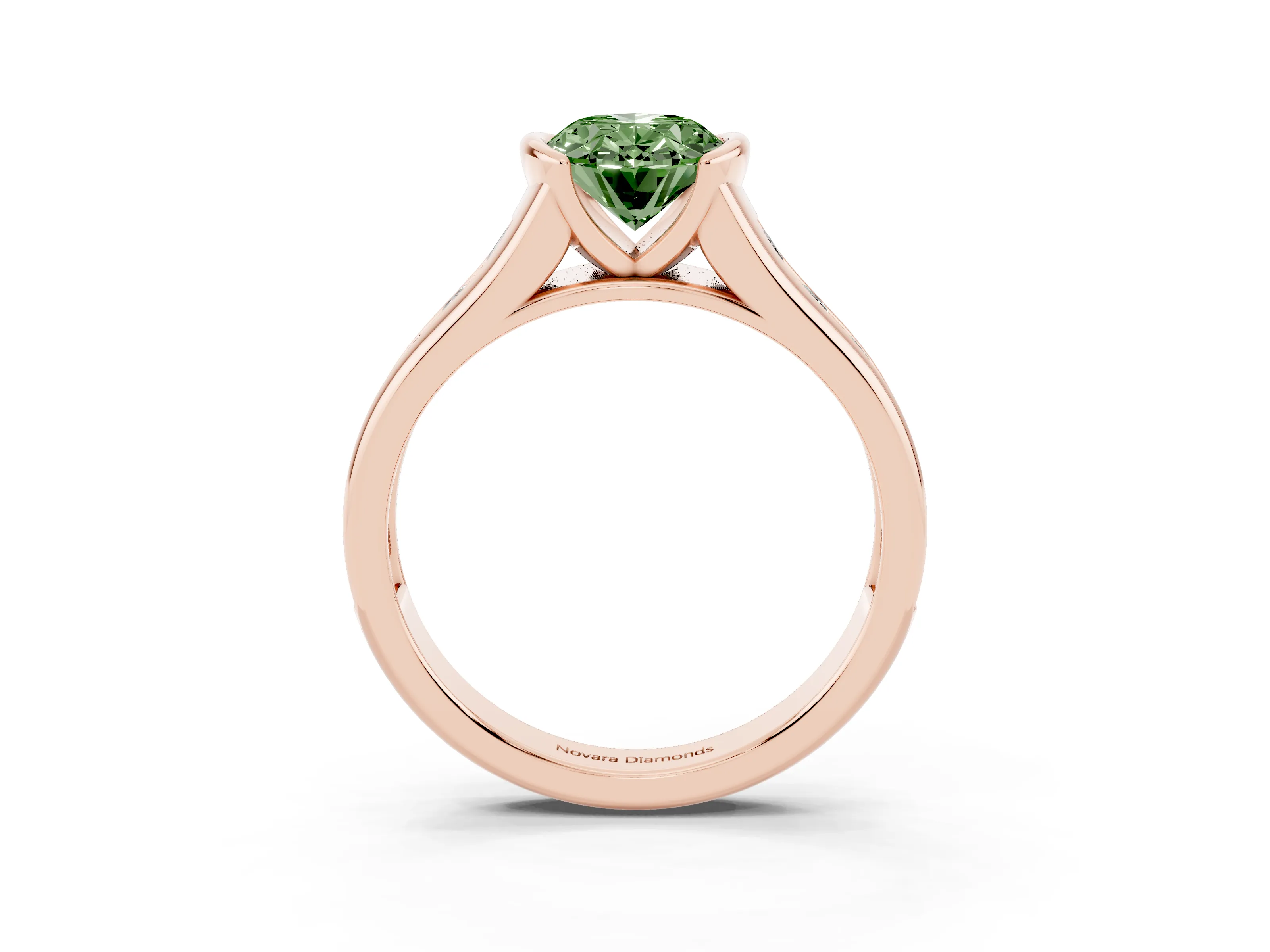 Fancy Green Oval Cut Diamond Bezel-Set Solitaire Ring Set in Rose gold with Channel-Set Band