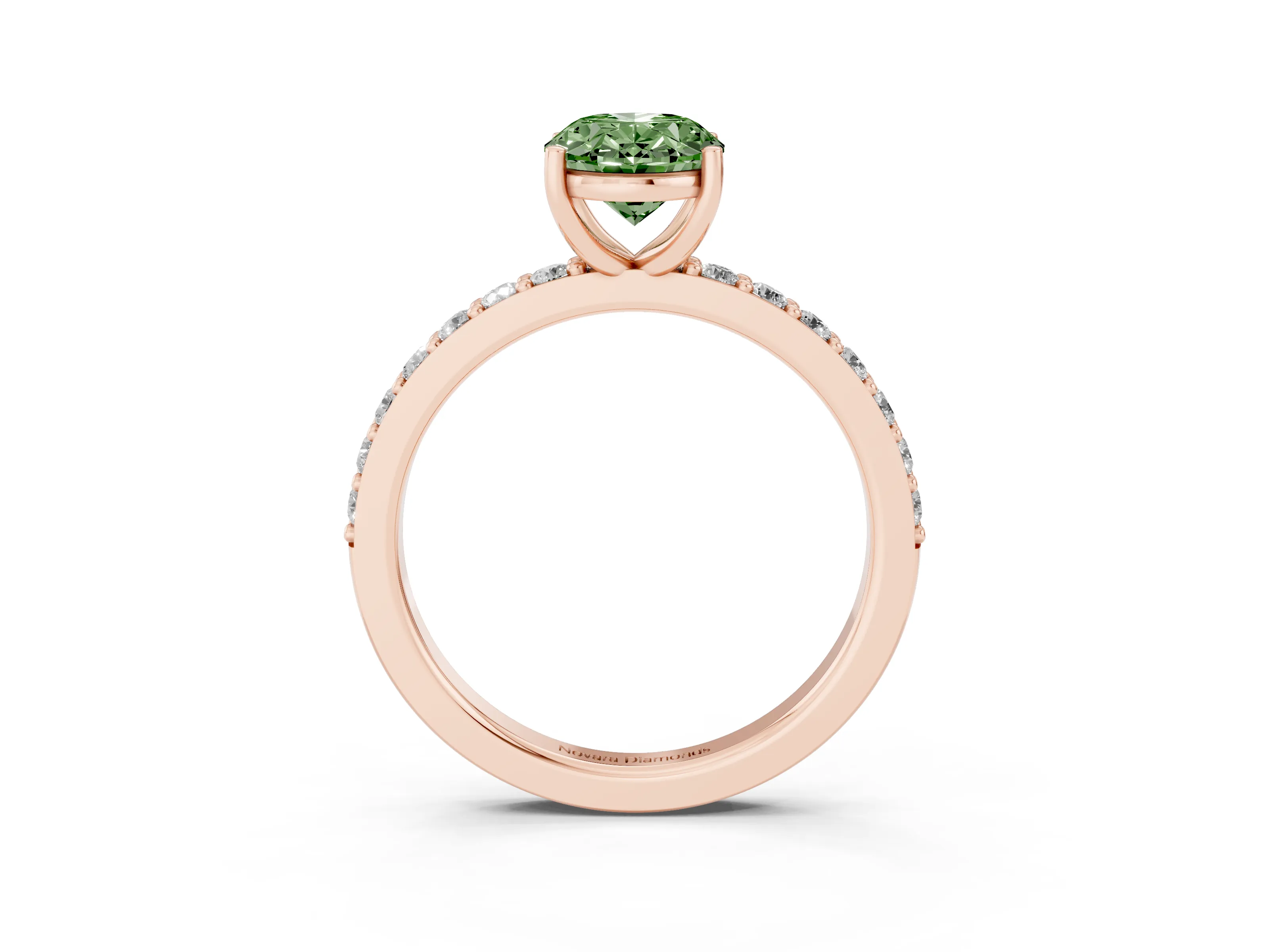 Fancy Green Oval Cut Diamond Solitaire Set in Rose gold with Round Pavé Band and Prong Setting