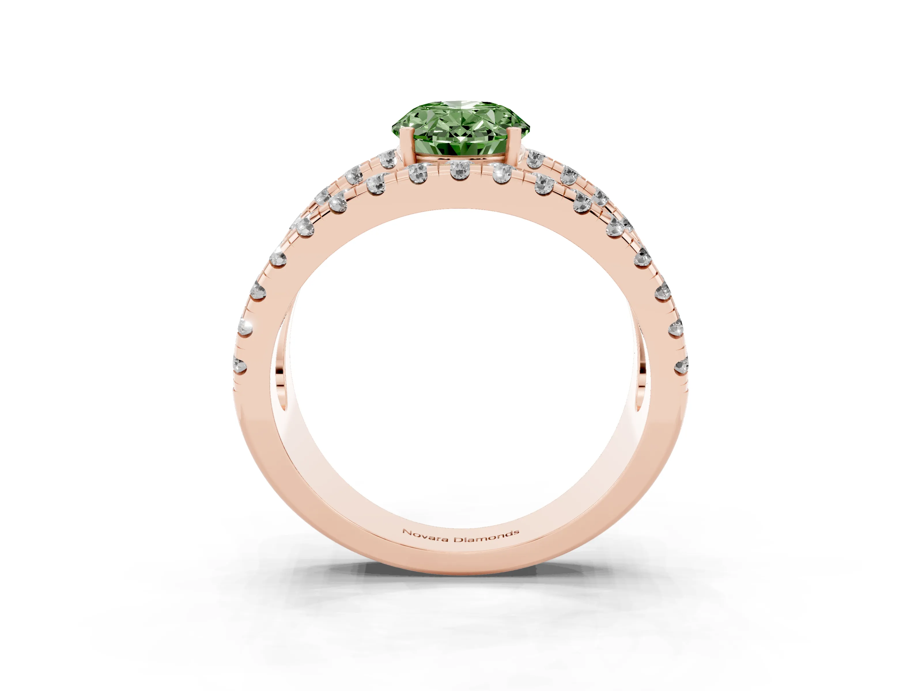 Fancy Green Oval Cut Diamond Split Shank Pavé Solitaire Ring Set in Rose gold with Open Shank Design