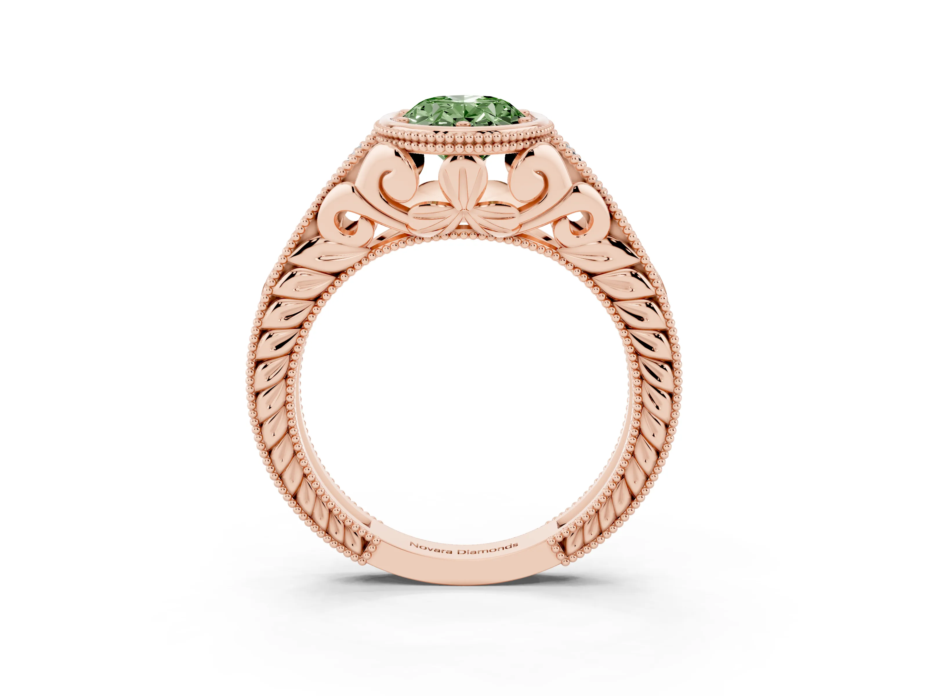 Fancy Green Bezel Set Oval Cut Diamond Milgrain Pavé Engagement Ring Set in Rose gold