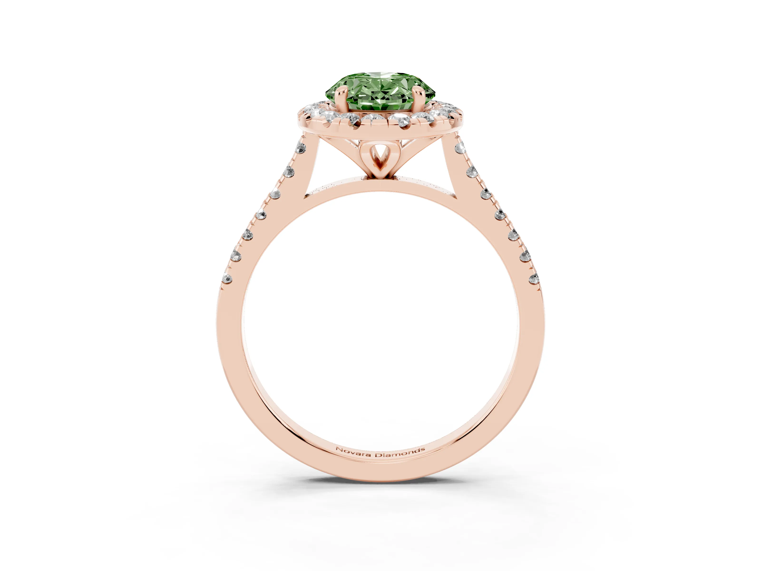 Fancy Green Oval Cut Diamond Cushion Halo Ring Set in Rose gold with Pavé Band