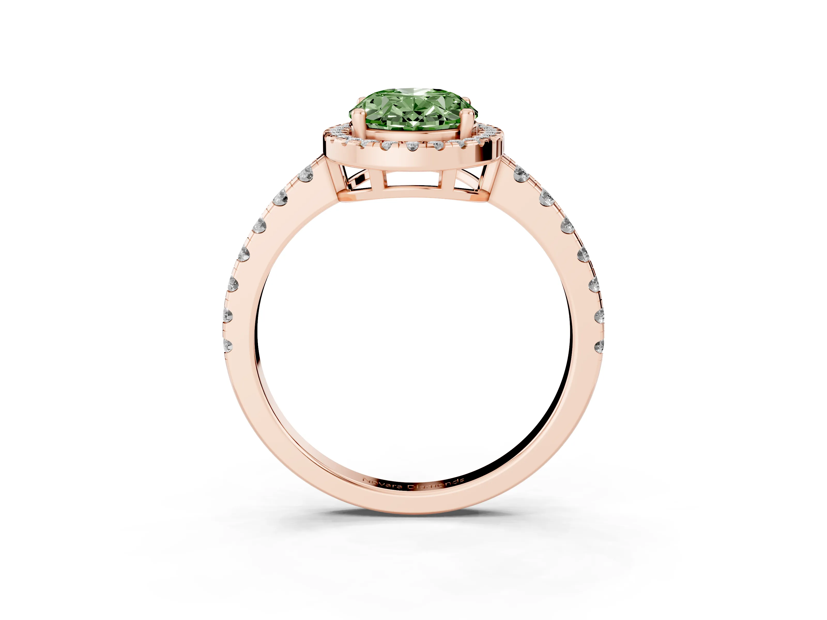 Fancy Green Oval Cut Diamond Halo Ring Set in Rose gold with Delicate Pavé Band and Prong Setting