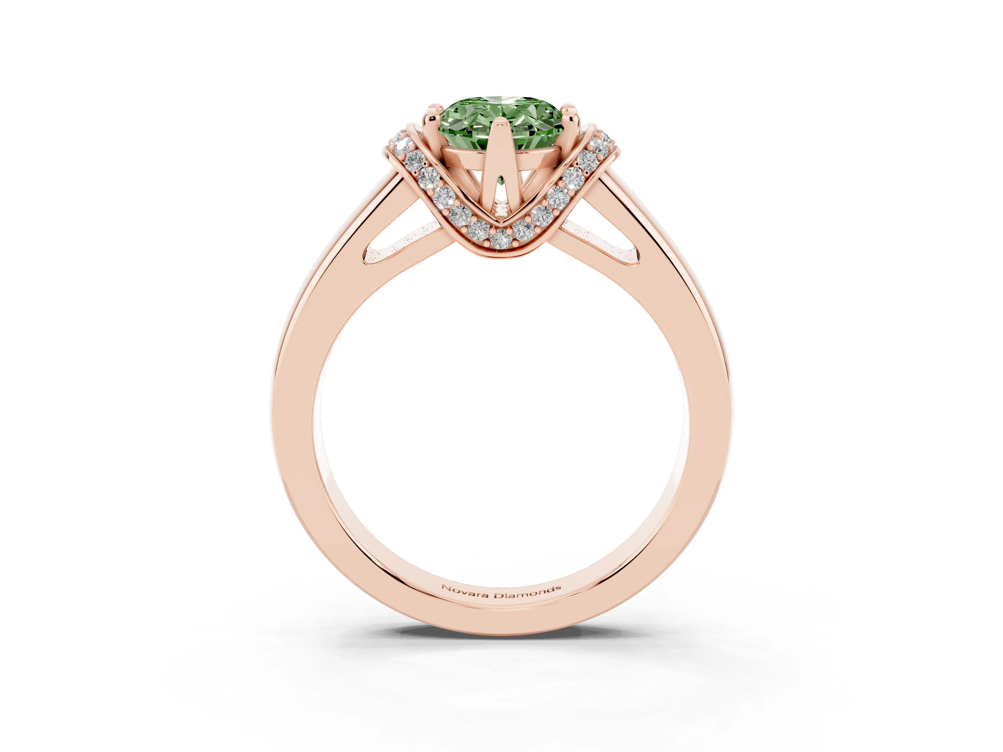 Fancy Green Oval Cut Diamond Pavé Band Solitaire Ring Set in Rose gold with Prong Setting