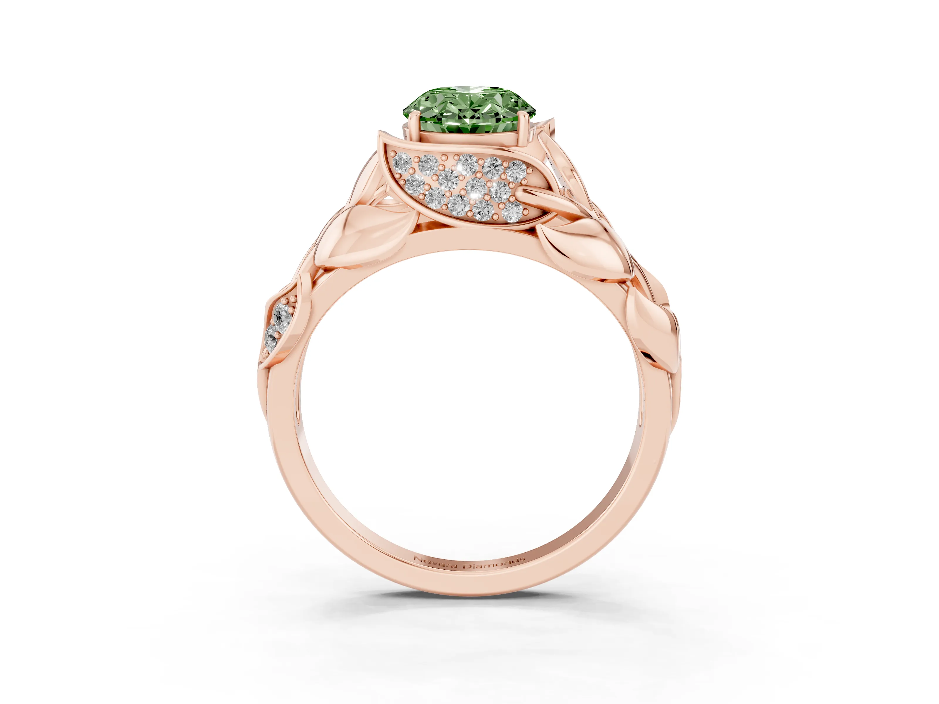 Fancy Green Oval Cut Diamond Leaf-Inspired Engagement Ring Set in Rose gold with Round Accents