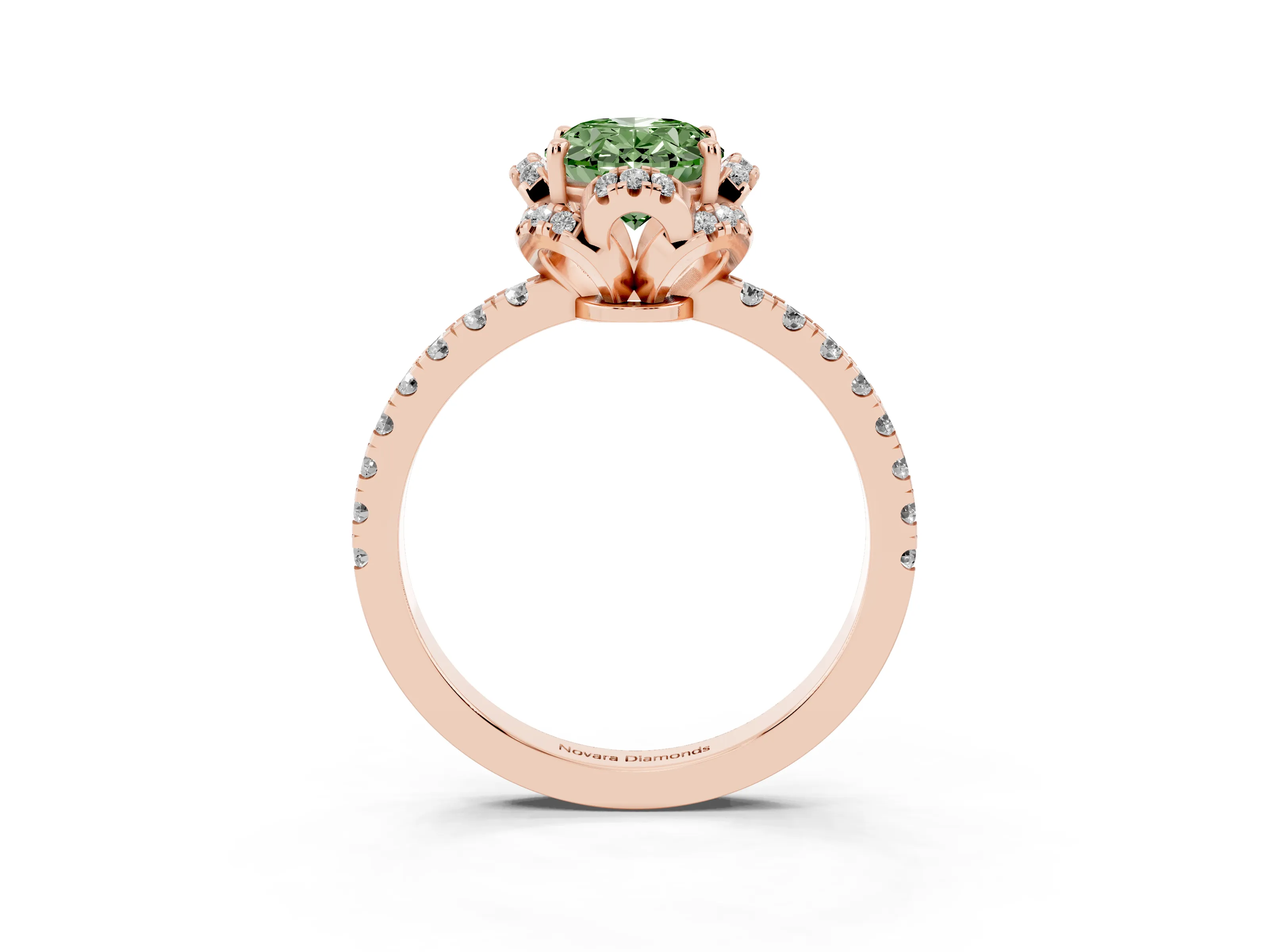 Fancy Green Oval Cut Diamond Halo Pavé Band Ring Set in Rose gold with Prong-Held Center