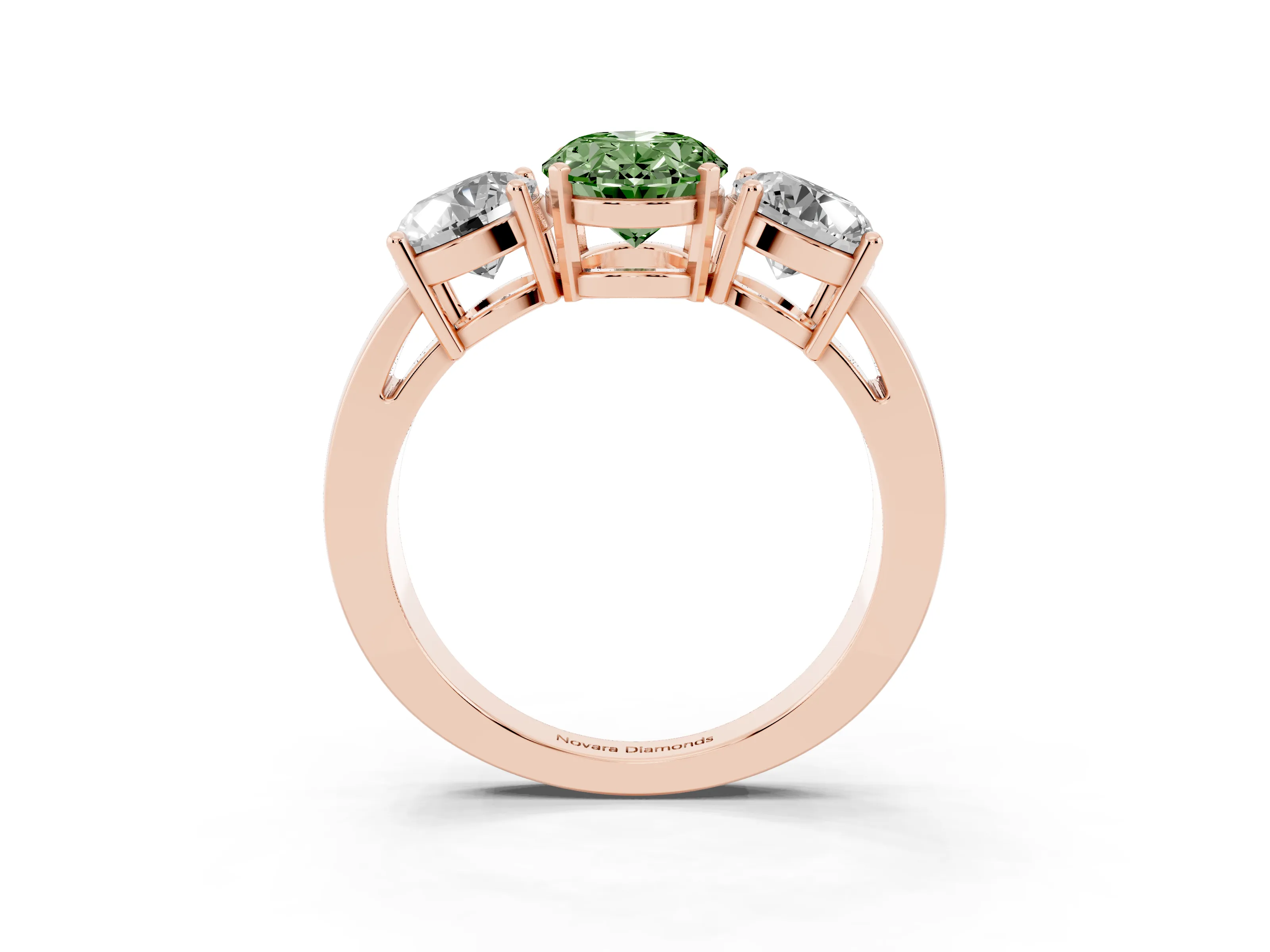 Fancy Green Oval Cut Diamond Three-Stone Ring Set in Rose gold with Round Side Stones and Classic Band