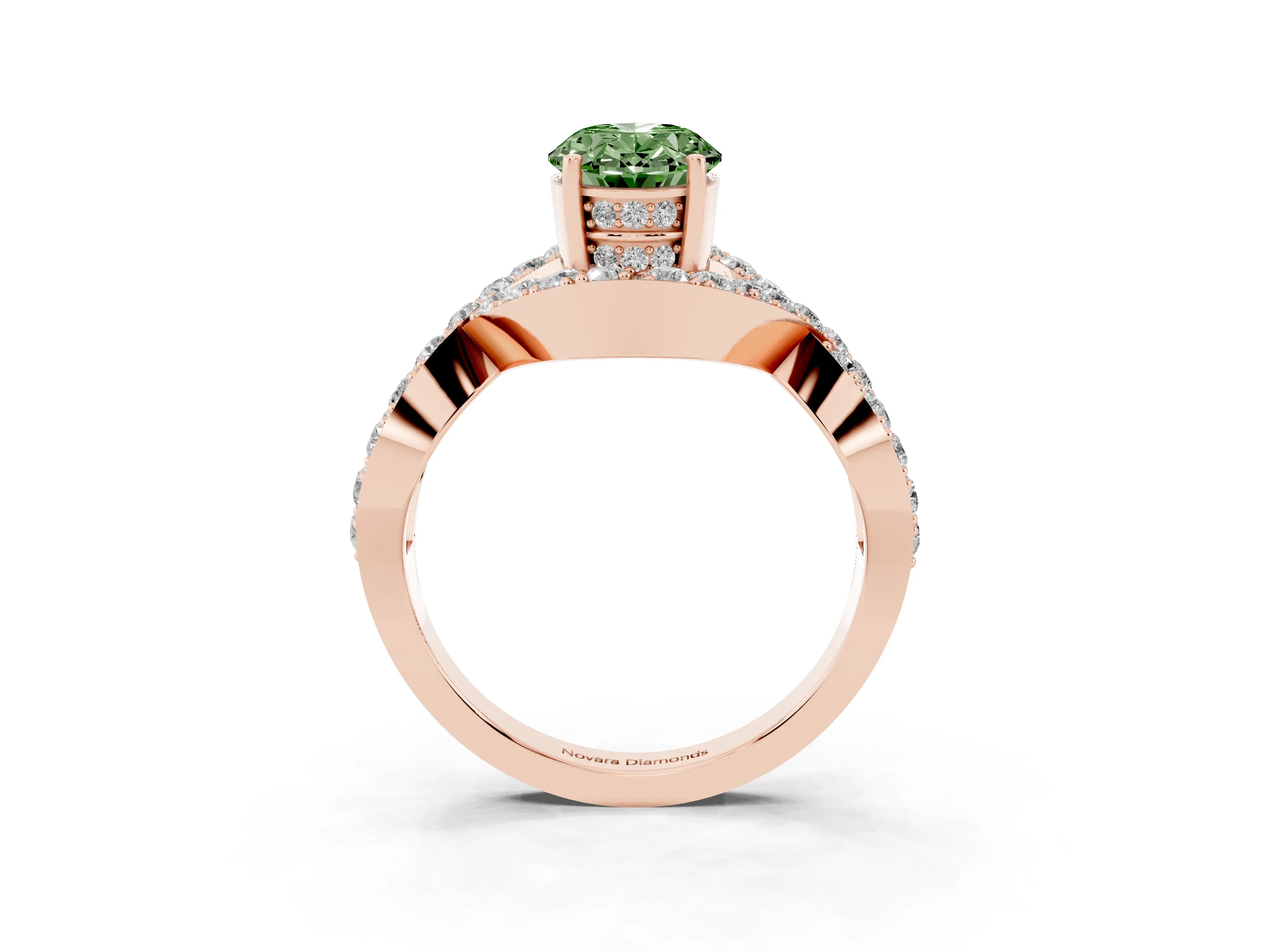 Fancy Green Oval Cut Diamond Solitaire Twist Band Pavé Engagement Ring Set in Rose gold