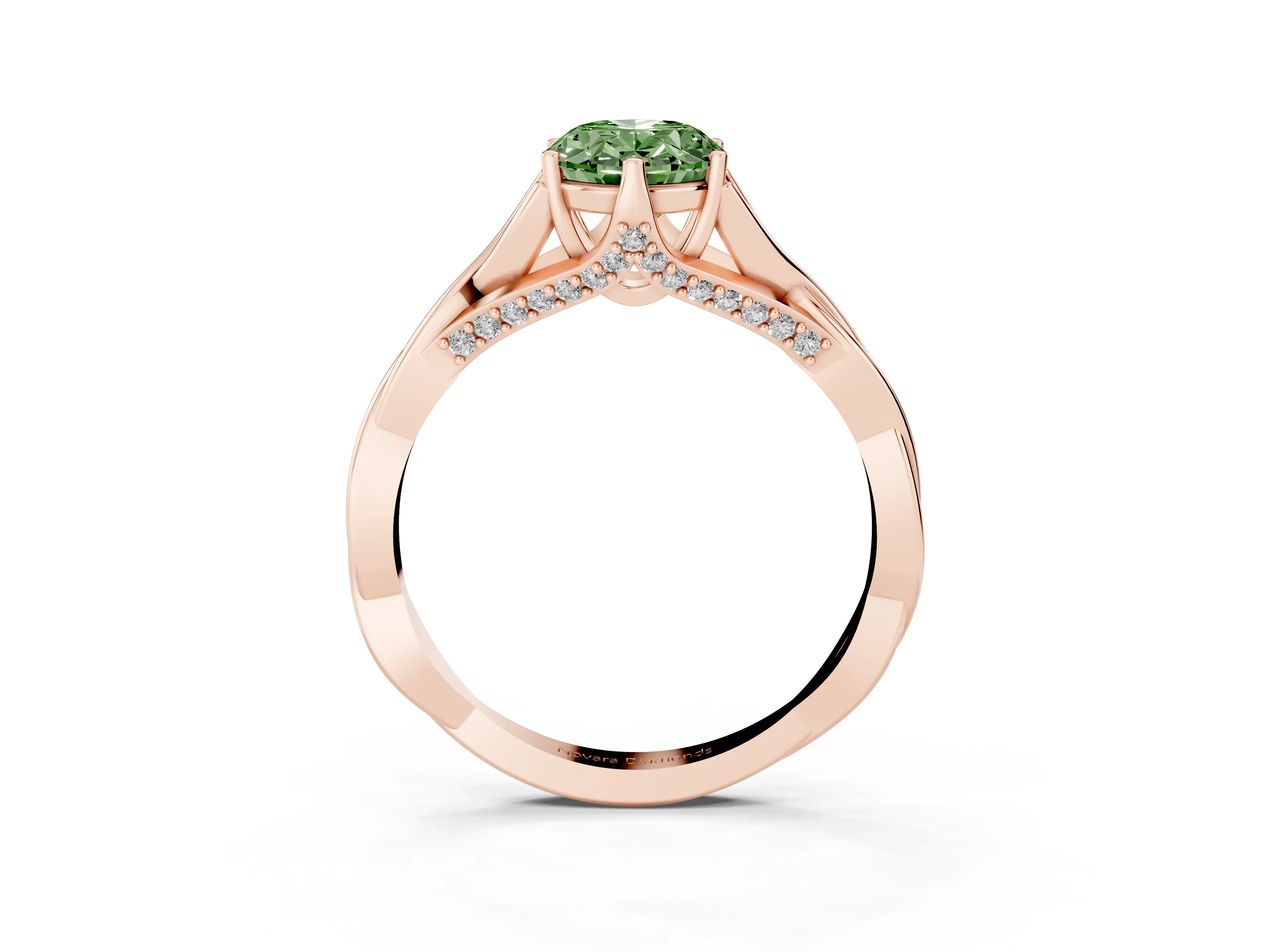 Fancy Green Oval Cut Diamond Intertwined Twist Band Solitaire Ring Set in Rose gold with Prong Setting