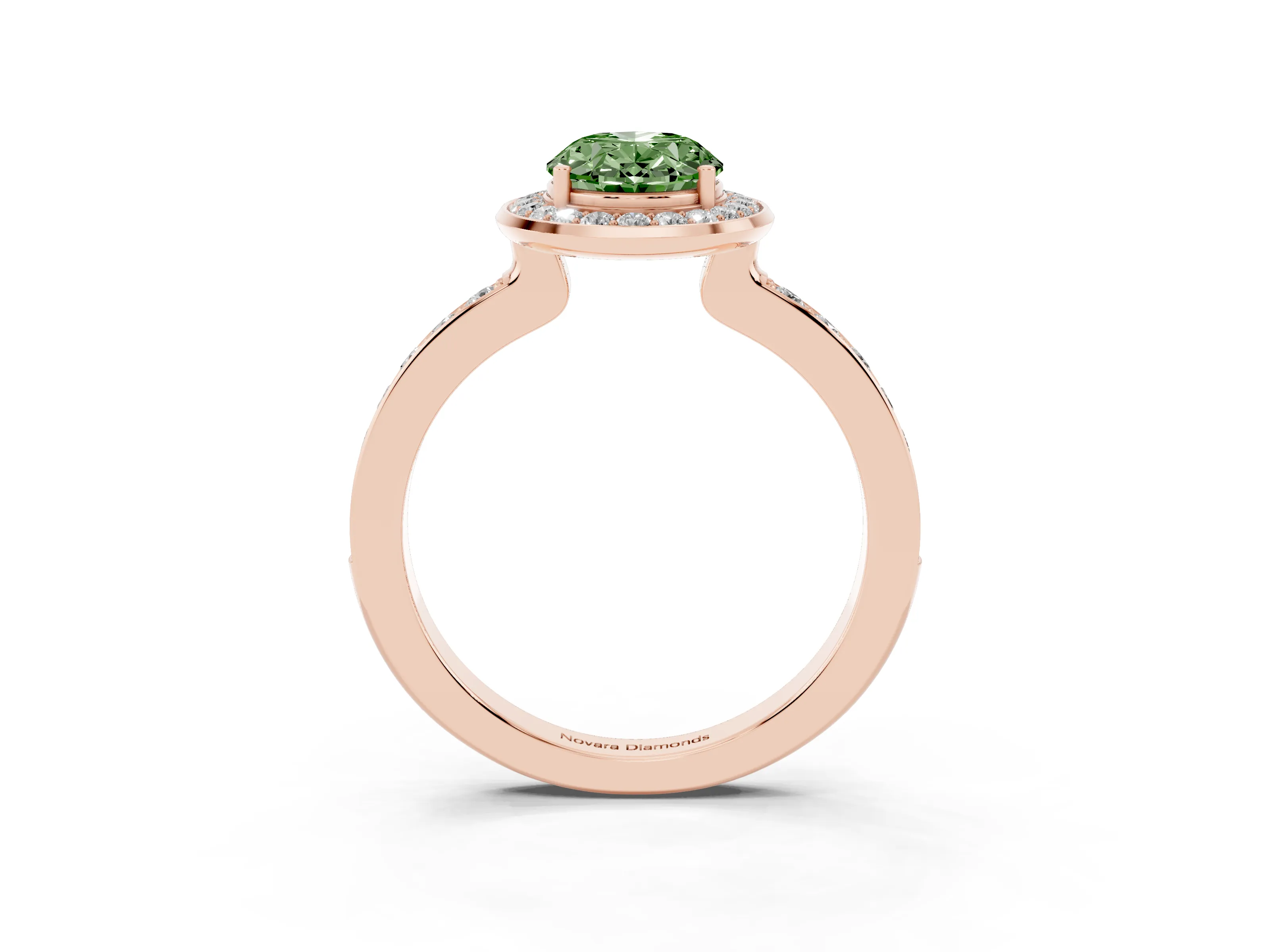 Fancy Green Oval Cut Diamond Halo Ring Set in Rose gold with Bezel Frame and Pavé Band