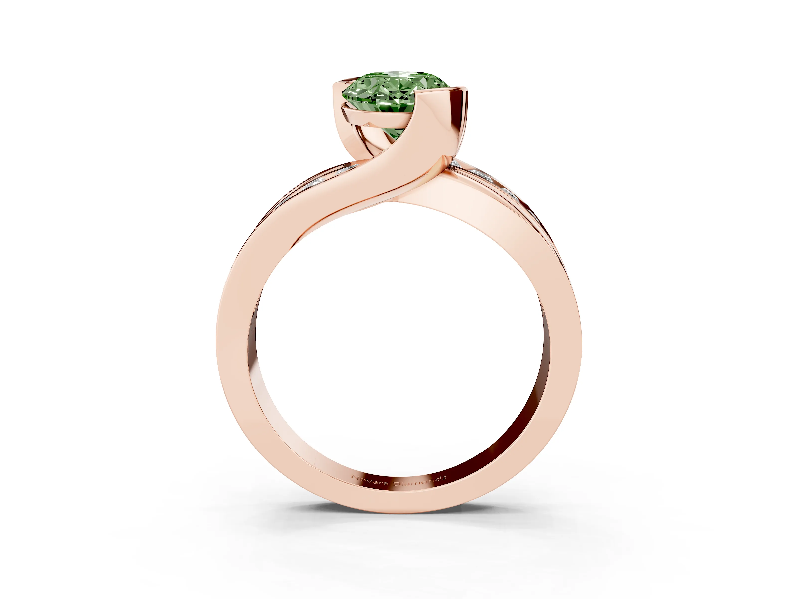 Fancy Green Oval Cut Diamond Solitaire Ring Set in Rose gold with Channel Set Split Shank and Tension Prongs
