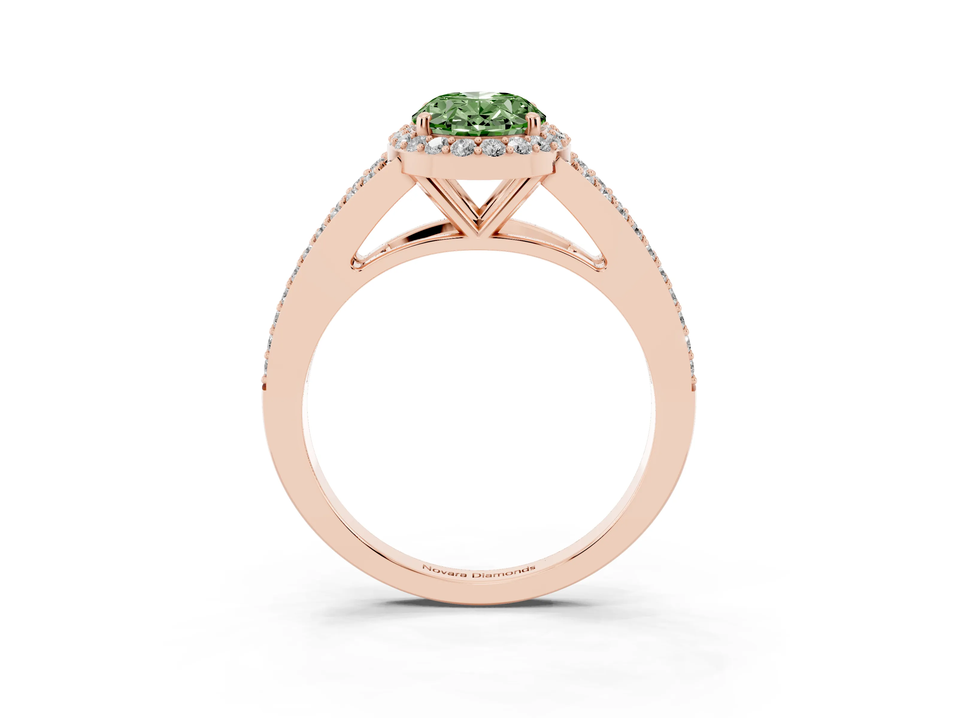 Fancy Green Oval Cut Diamond Halo Split Shank Ring Set in Rose gold with Accent Stones and Prong Setting