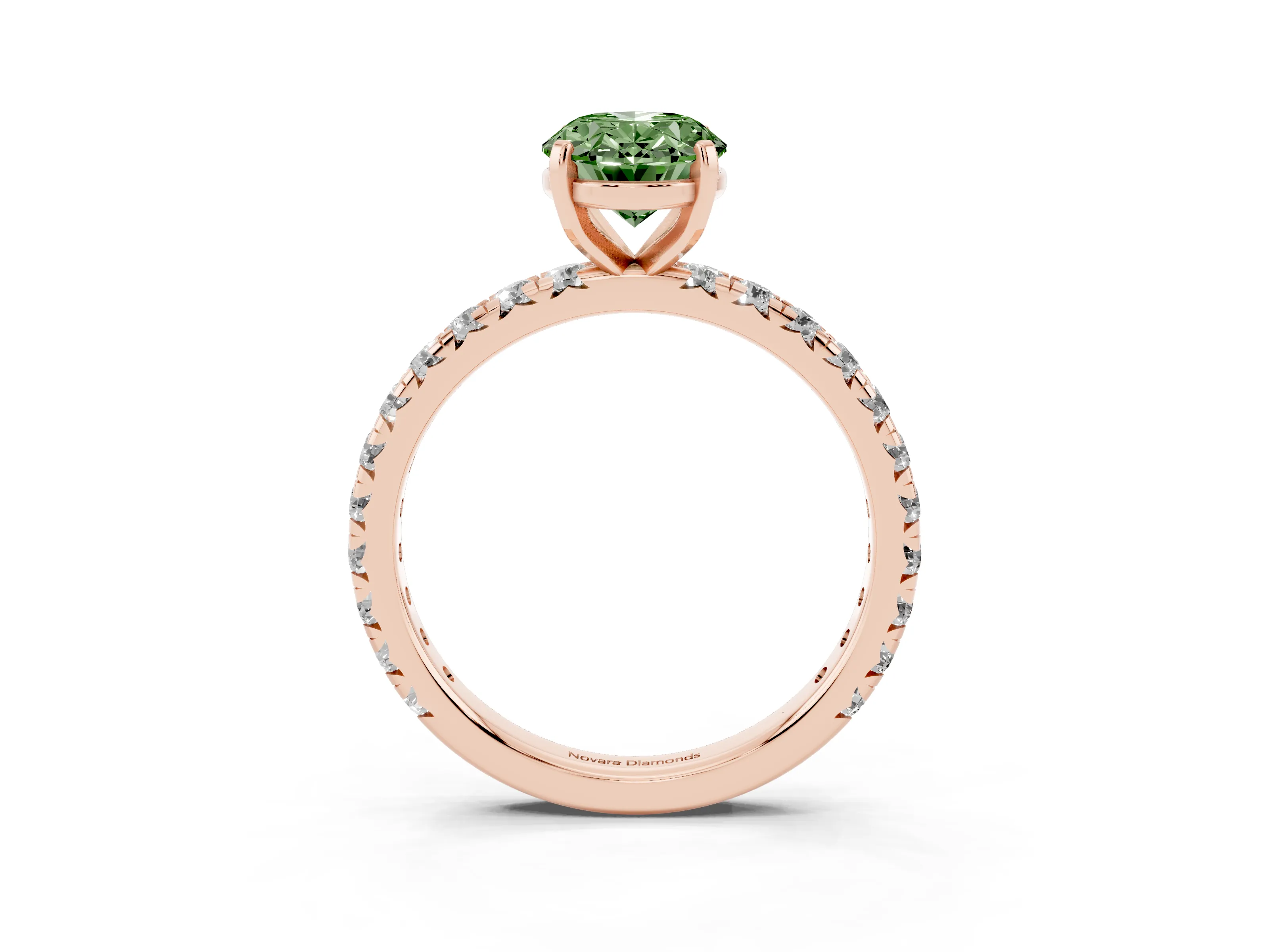 Fancy Green Oval Cut Diamond Pavé Solitaire Ring Set in Rose gold with Round Band and Prong Setting