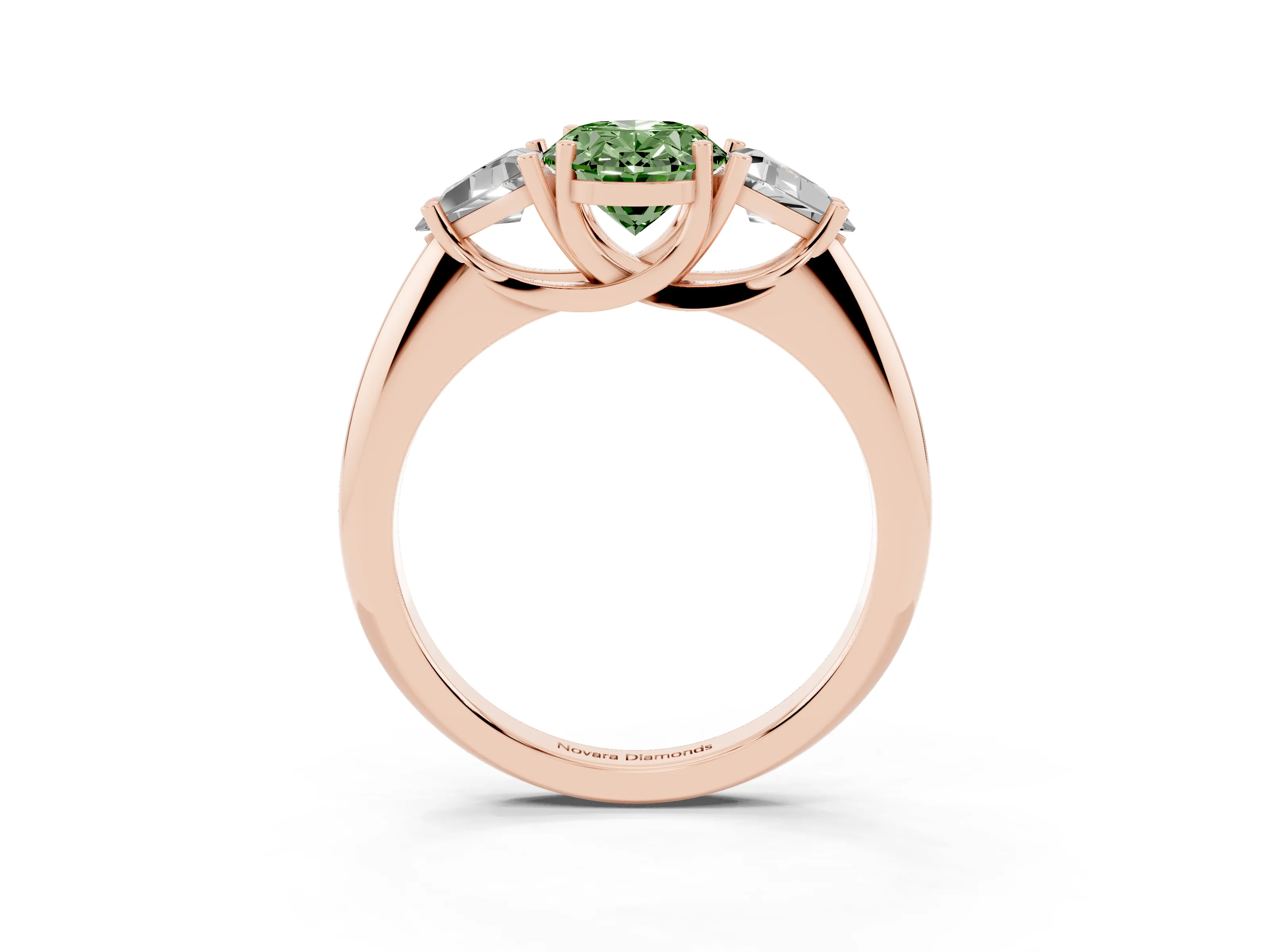 Fancy Green Oval Cut Diamond Three-Stone Engagement Ring Set in Rose gold with Trillion Side Stones