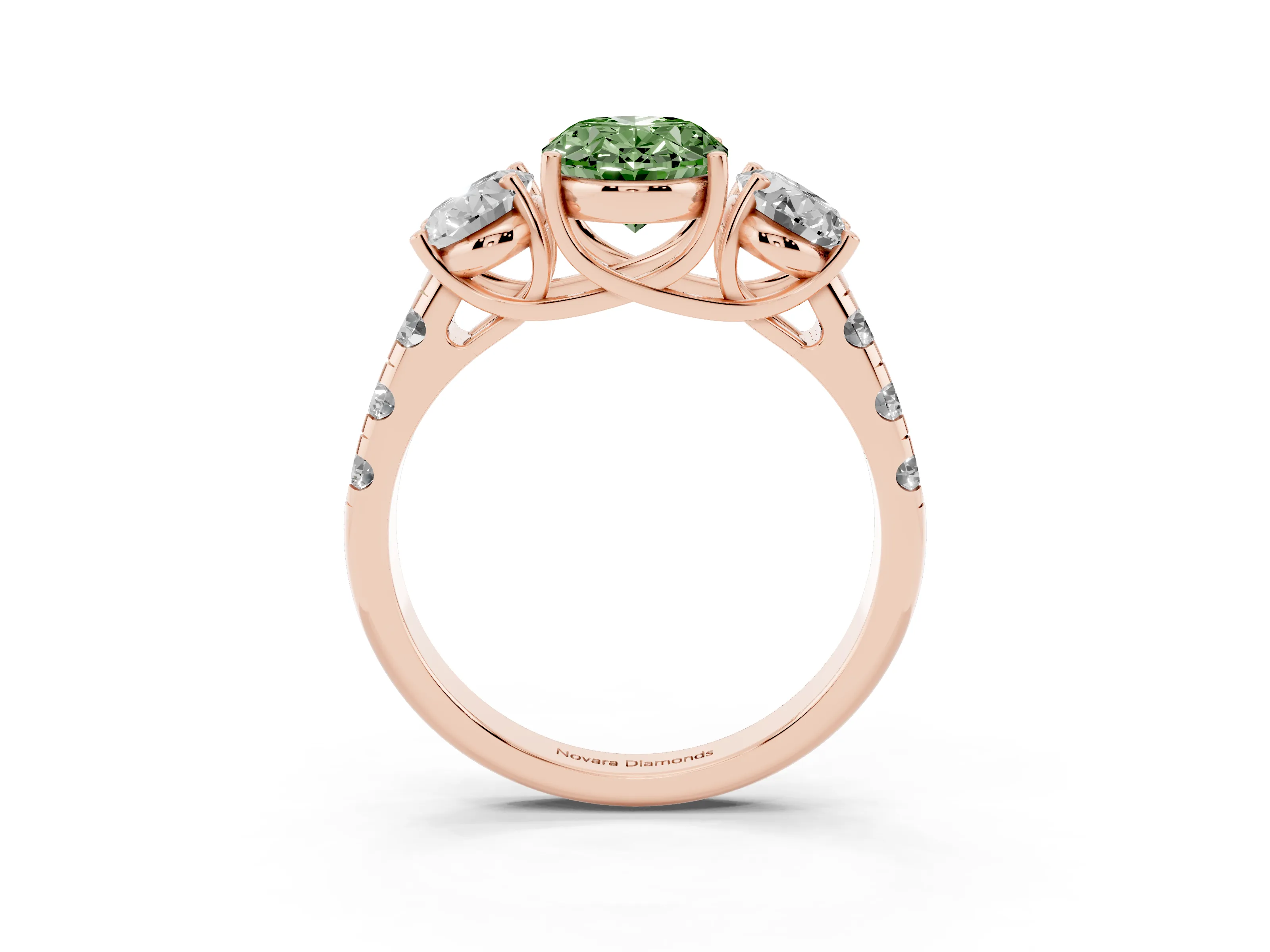 Fancy Green Oval Cut Diamond Three-Stone Ring Set in Rose gold with Pavé Band