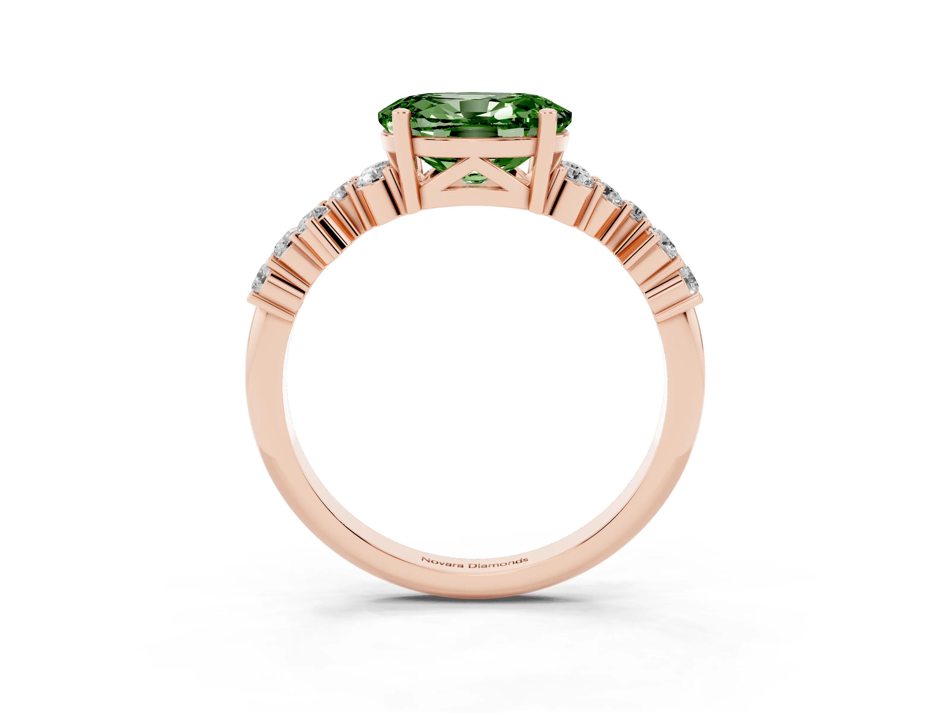 Fancy Green Oval Cut Diamond Ring Set in Rose gold with Scattered Round Accents
