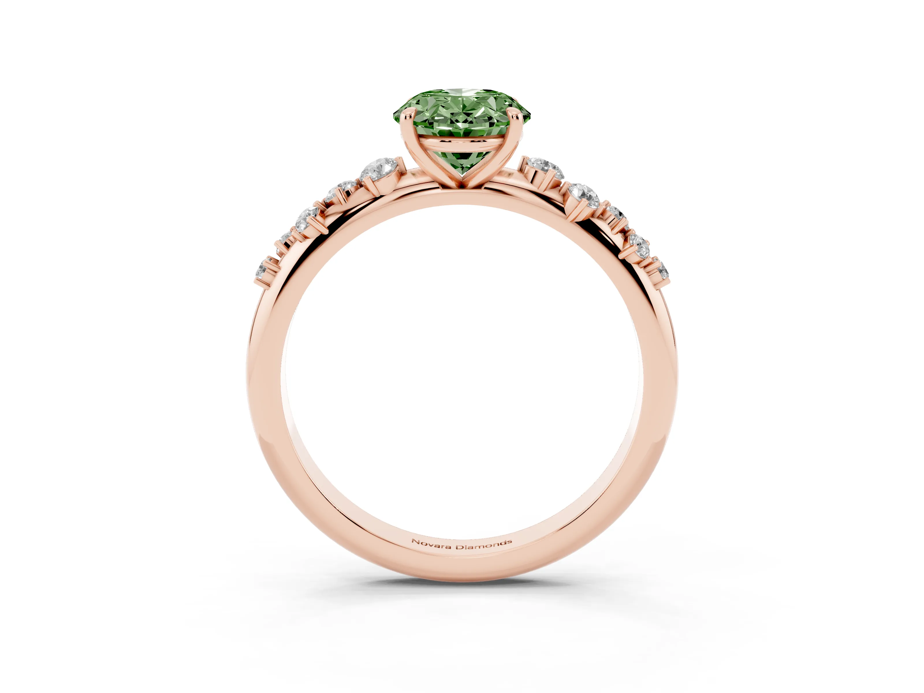 Fancy Green Oval Cut Diamond Cluster Solitaire Ring Set in Rose gold with Prong Setting