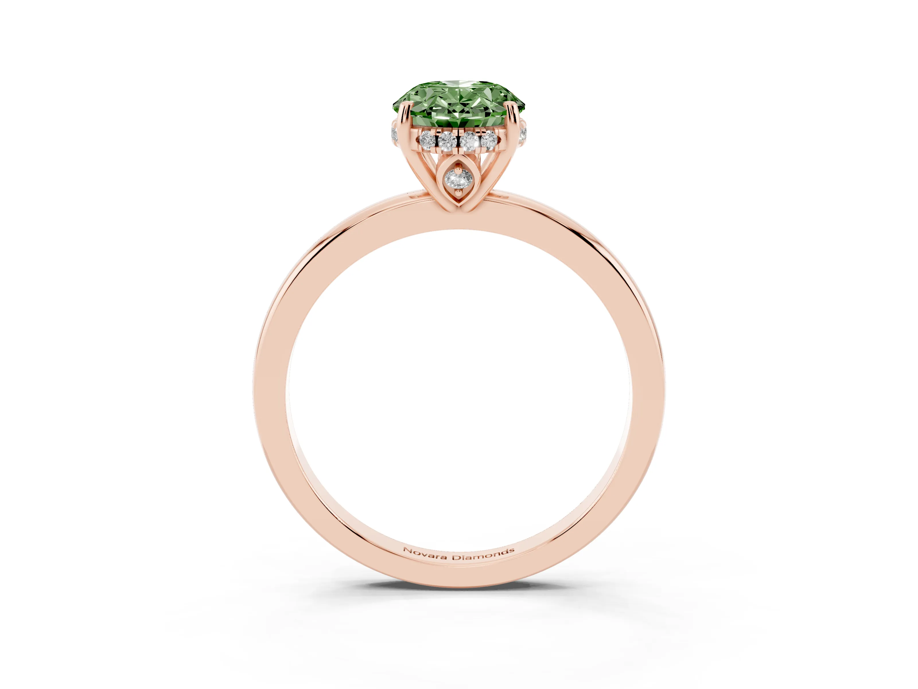 Fancy Green Oval Cut Diamond Solitaire Ring Set in Rose gold with Plain Band and Prong Setting