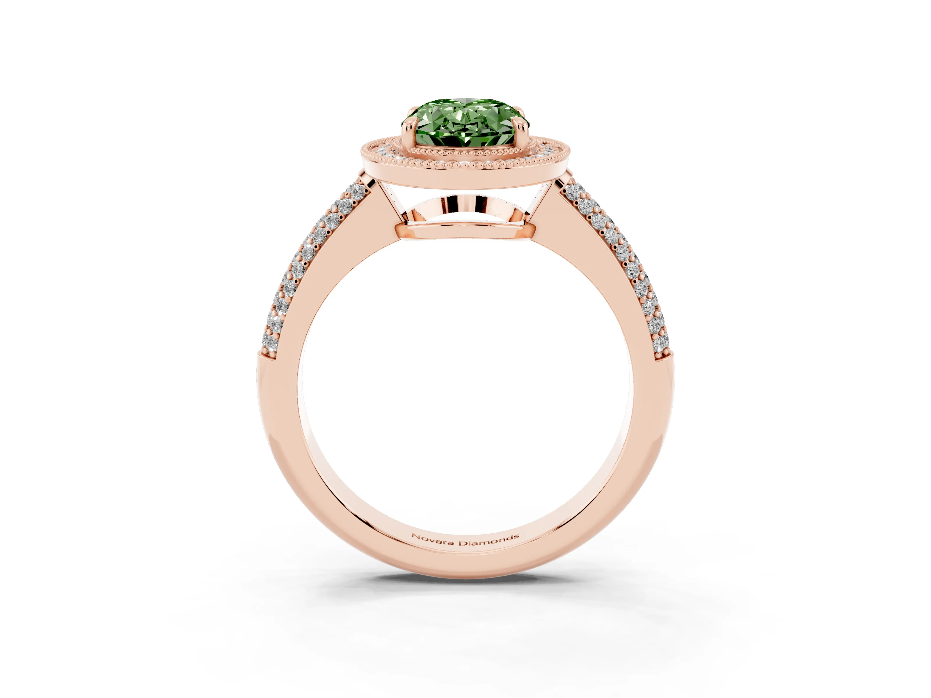 Fancy Green Oval Cut Diamond Halo Pavé Band Set in Rose gold with Prong Setting