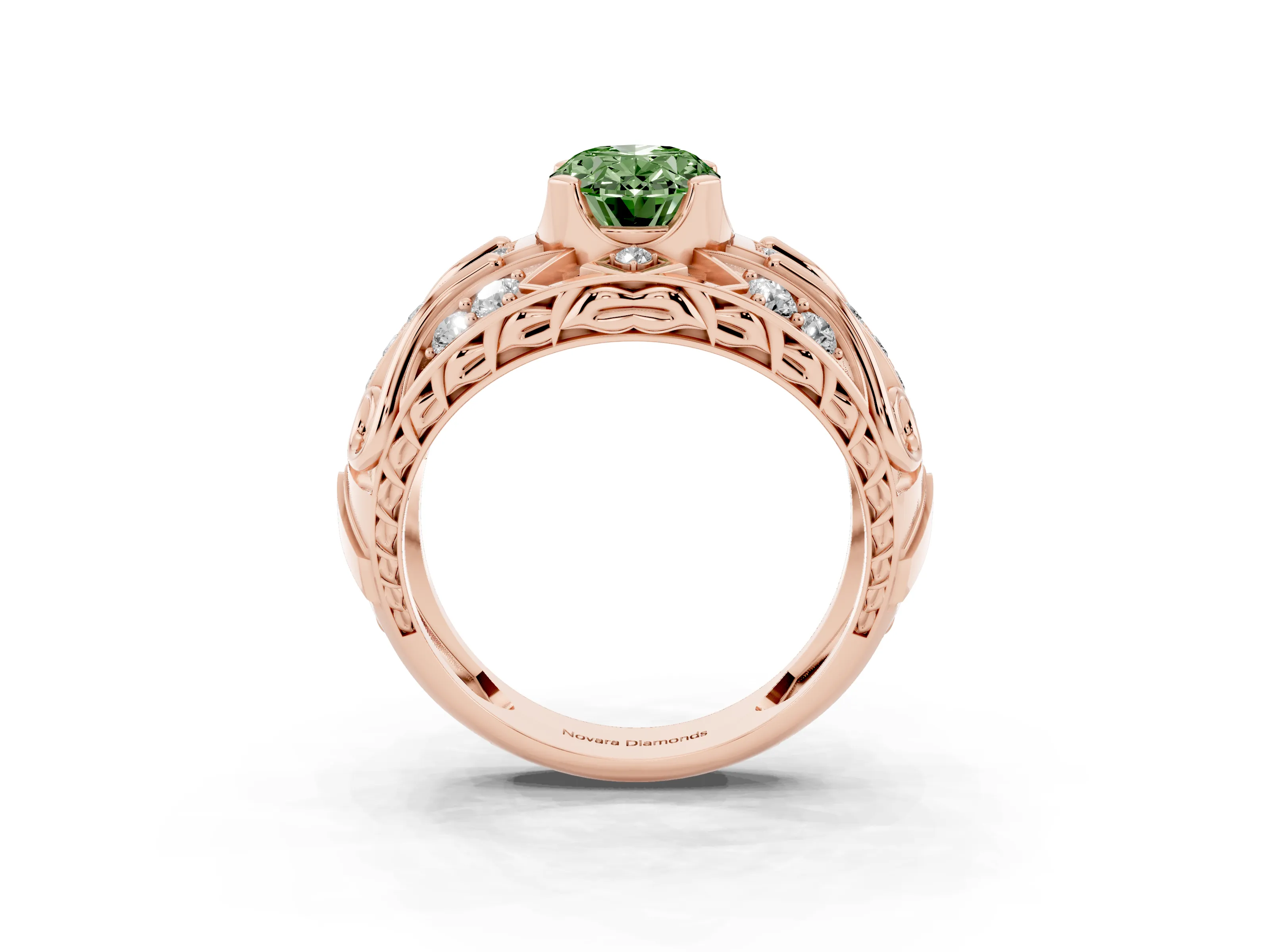 Fancy Green Oval Cut Diamond Art Deco Ring Set in Rose gold with Pavé Split Shank