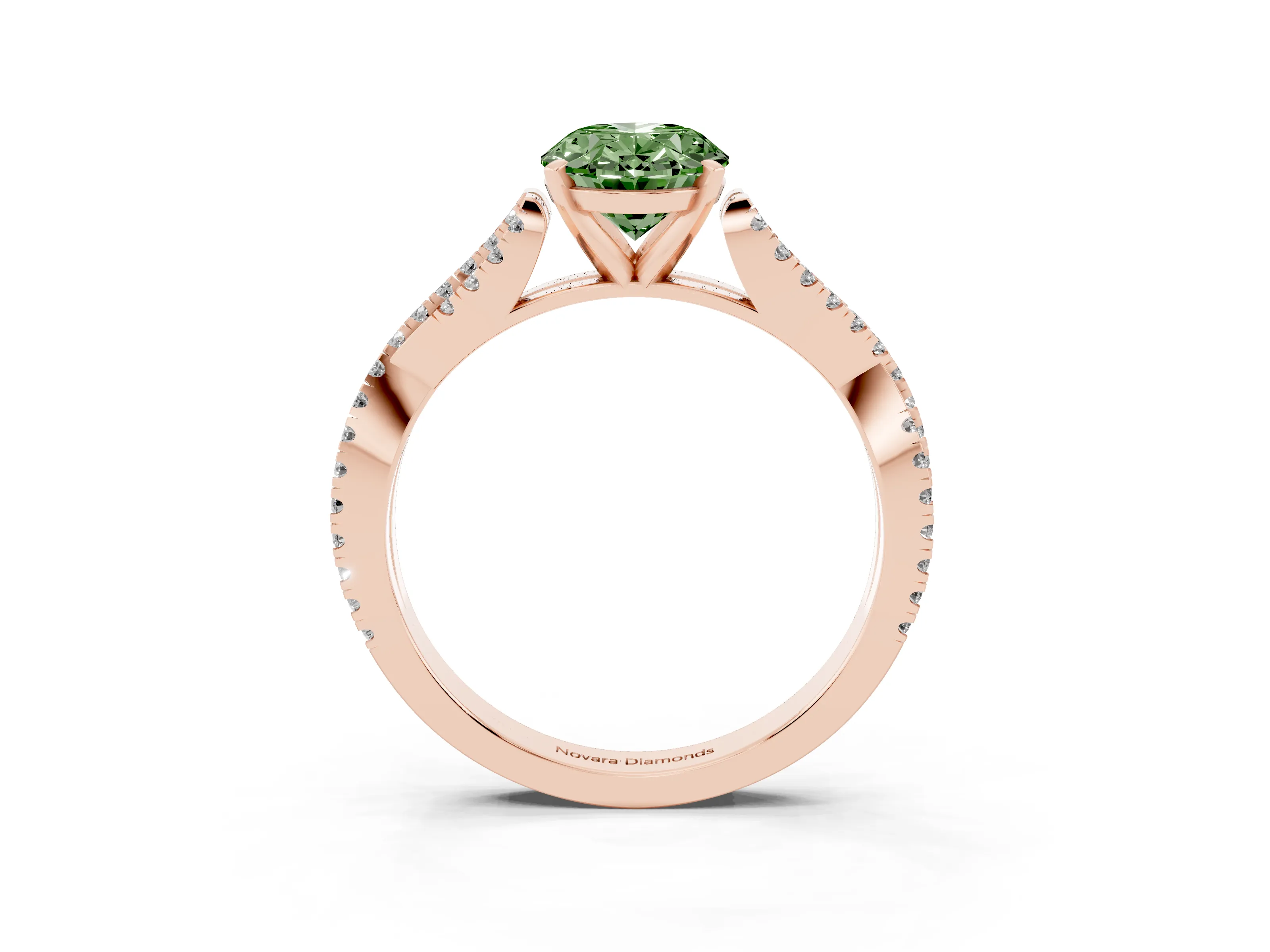 Fancy Green Oval Cut Diamond Solitaire Engagement Ring Set in Rose gold with Twisted Pavé Band and Prong Setting
