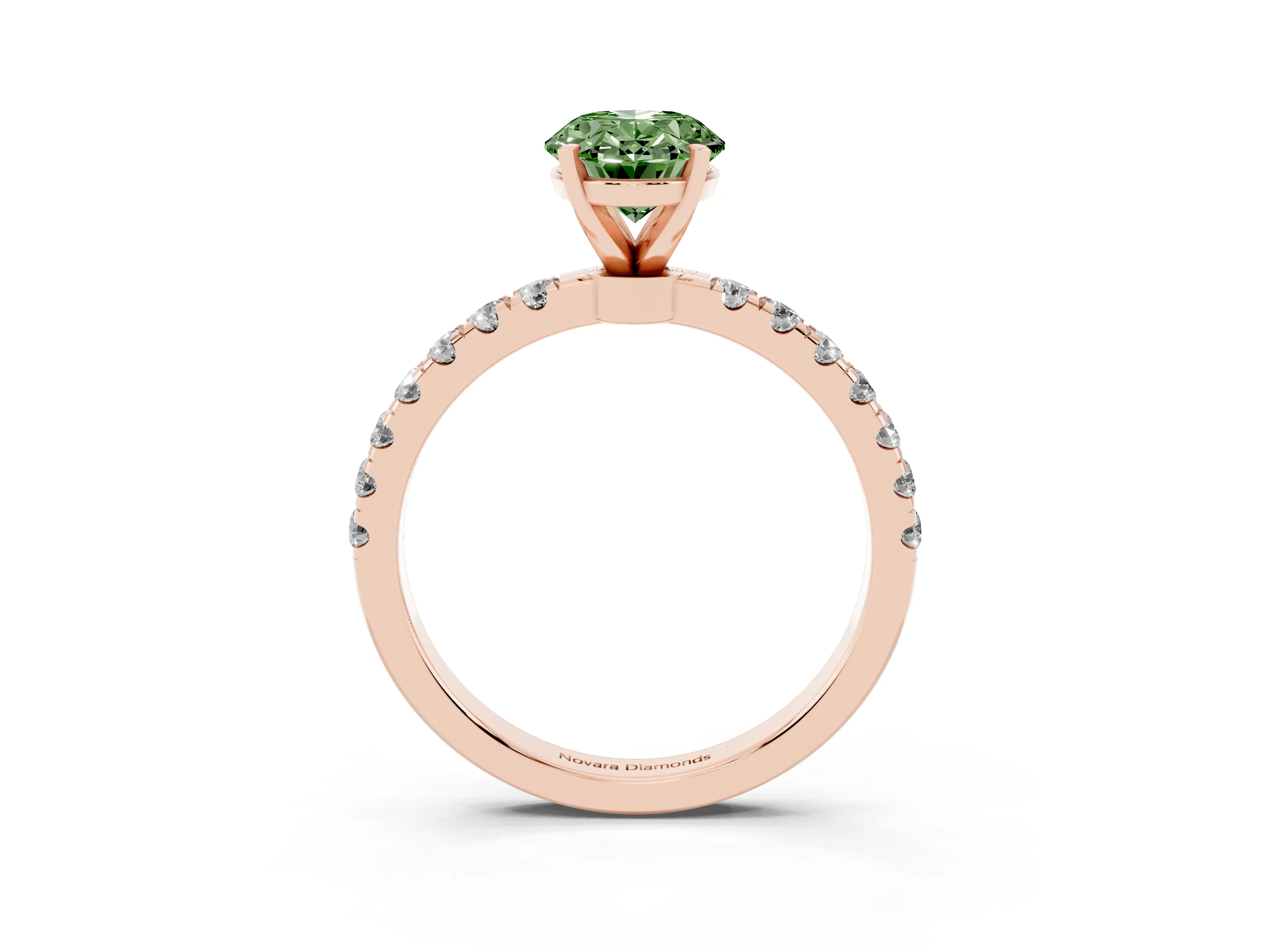 Fancy Green Oval Cut Diamond Solitaire Ring Set in Rose gold with Pavé Accents and Prong Setting