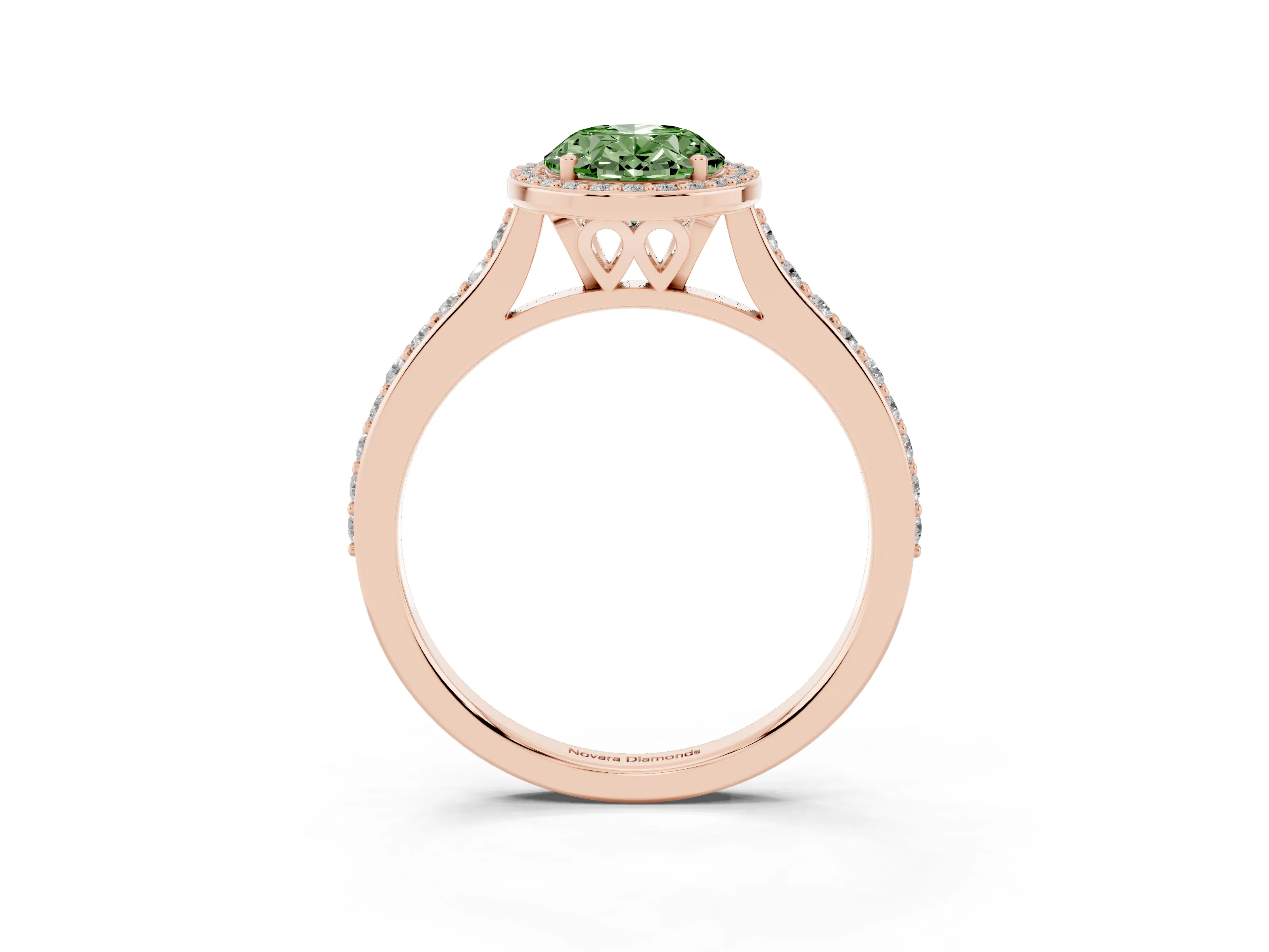 Fancy Green Oval Cut Diamond Halo Engagement Ring Set in Rose gold with Round Pavé Shoulders and Heart Gallery