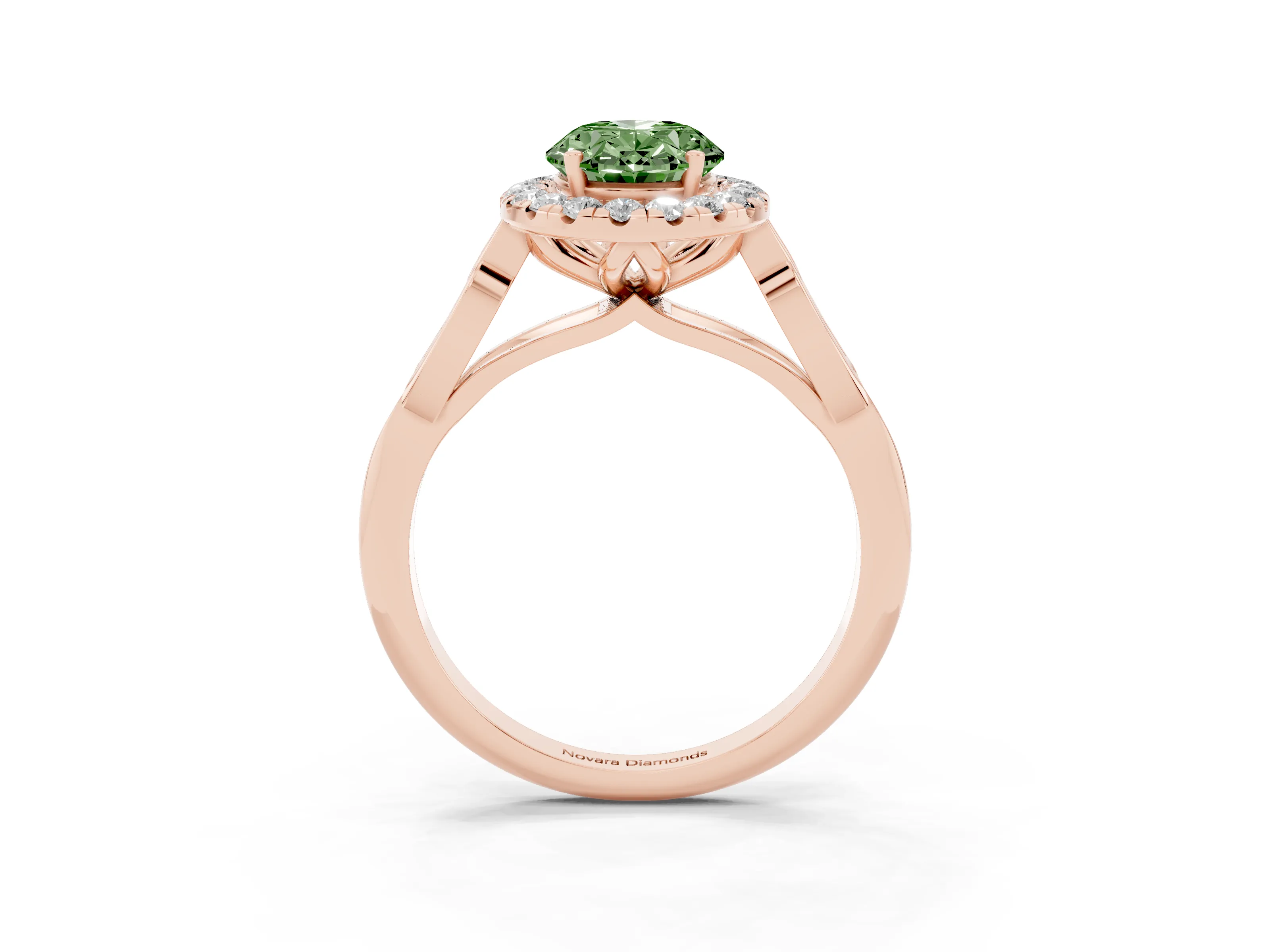 Fancy Green Oval Cut Diamond Halo Engagement Ring Set in Rose gold with Filigree Band and Prong-Set Center