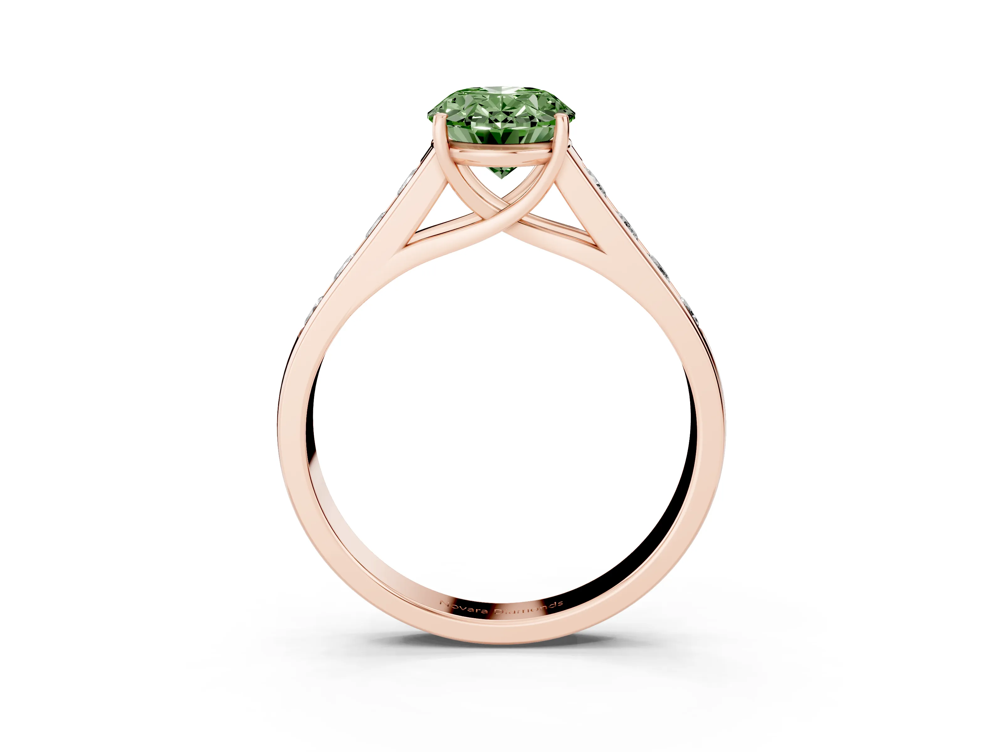 Fancy Green Oval Cut Diamond Solitaire Channel-Set Engagement Ring Set in Rose gold with Prong Setting