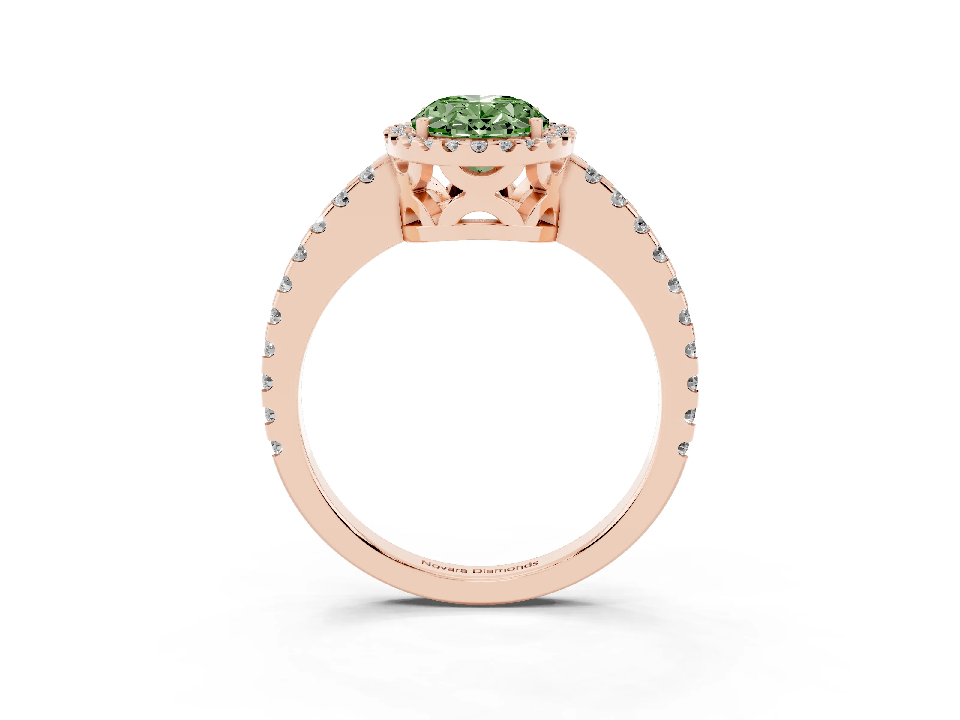 Fancy Green Oval Cut Diamond Halo Ring Set in Rose gold with Pavé Shoulders and Halo-Framed Center