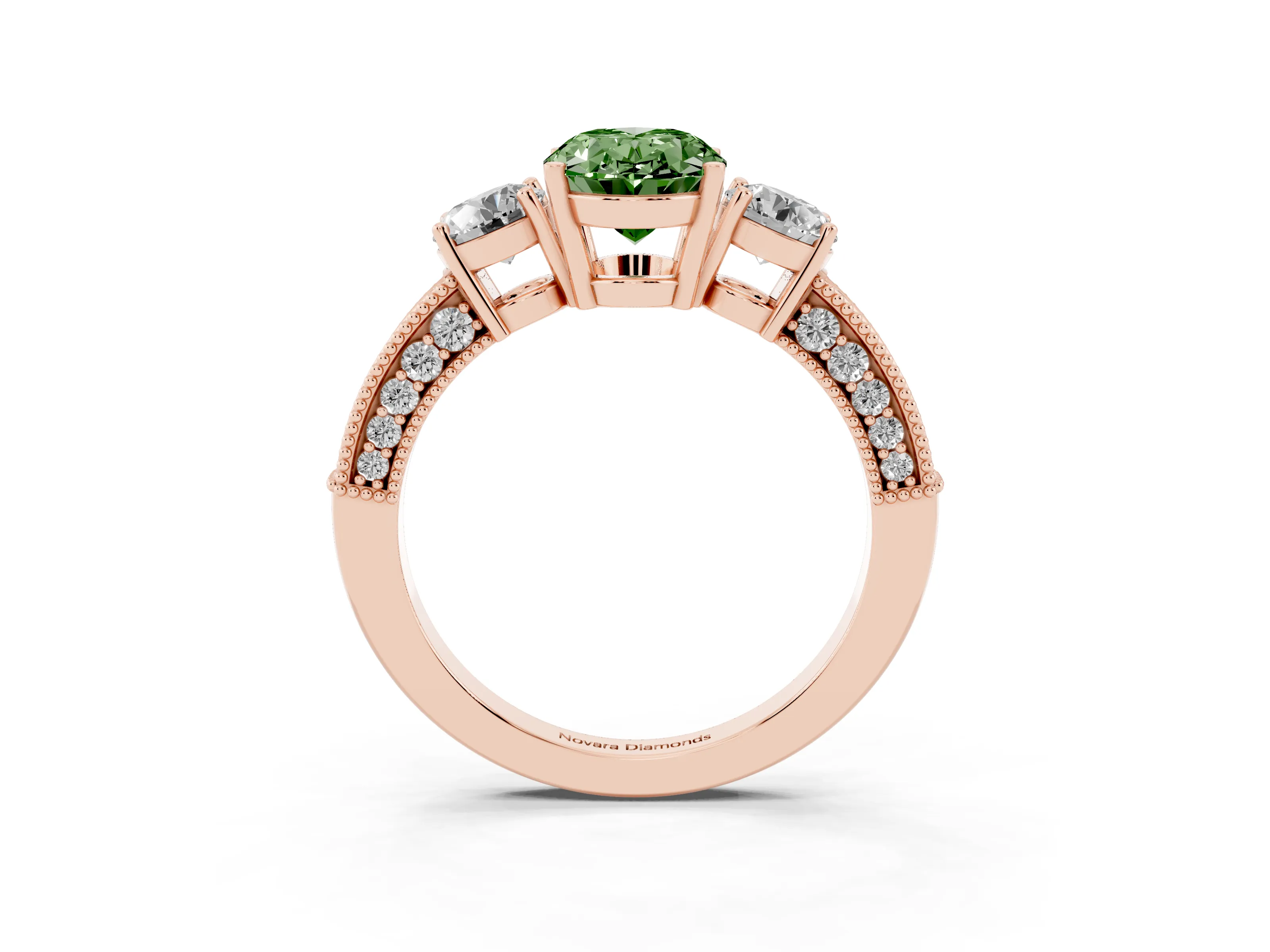 Fancy Green Oval Cut Diamond Three-Stone Ring Set in Rose gold with Round Side Stones and Pavé Band