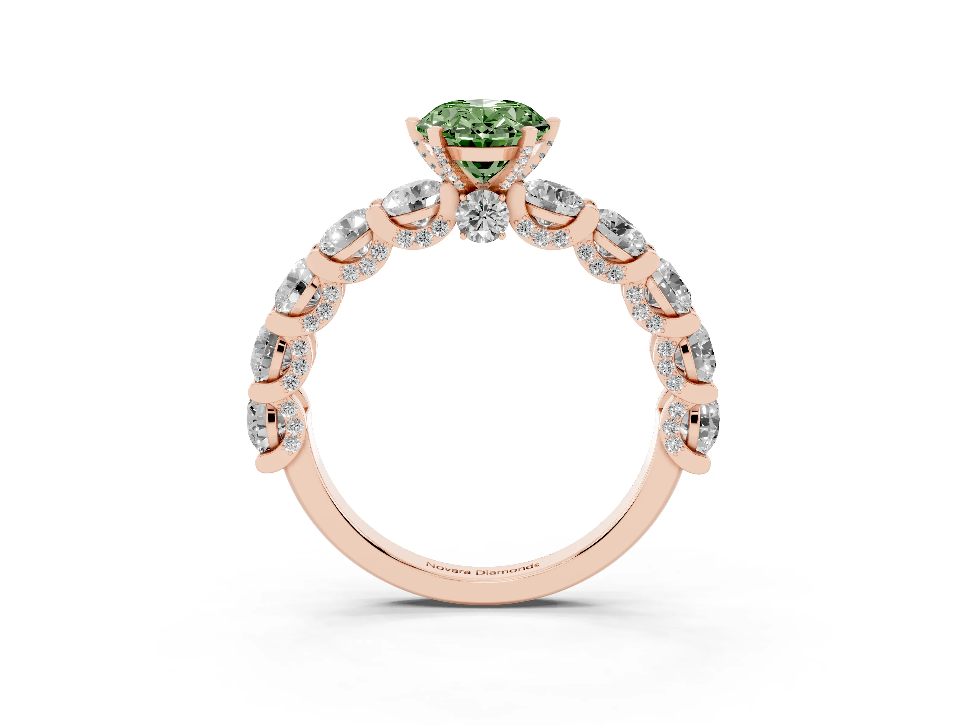 Fancy Green Oval Cut Diamond Side Stone Ring Set in Rose gold with Alternating Round and Oval Side Stones