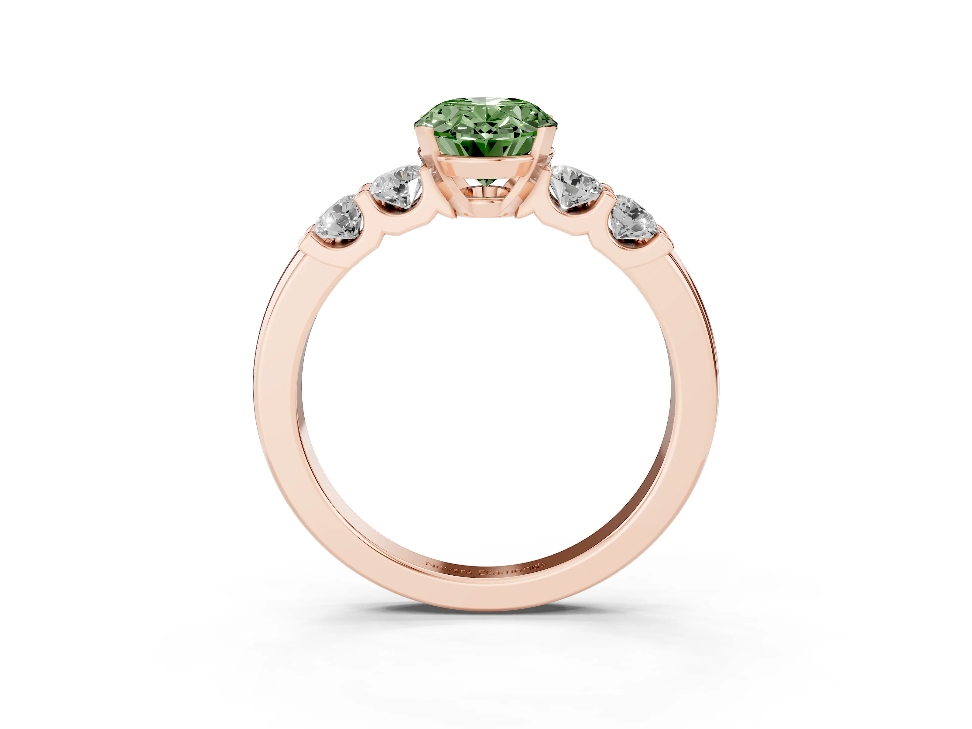 Fancy Green Oval Cut Diamond Five-Stone Prong Set Engagement Ring Set in Rose gold with Channel Band