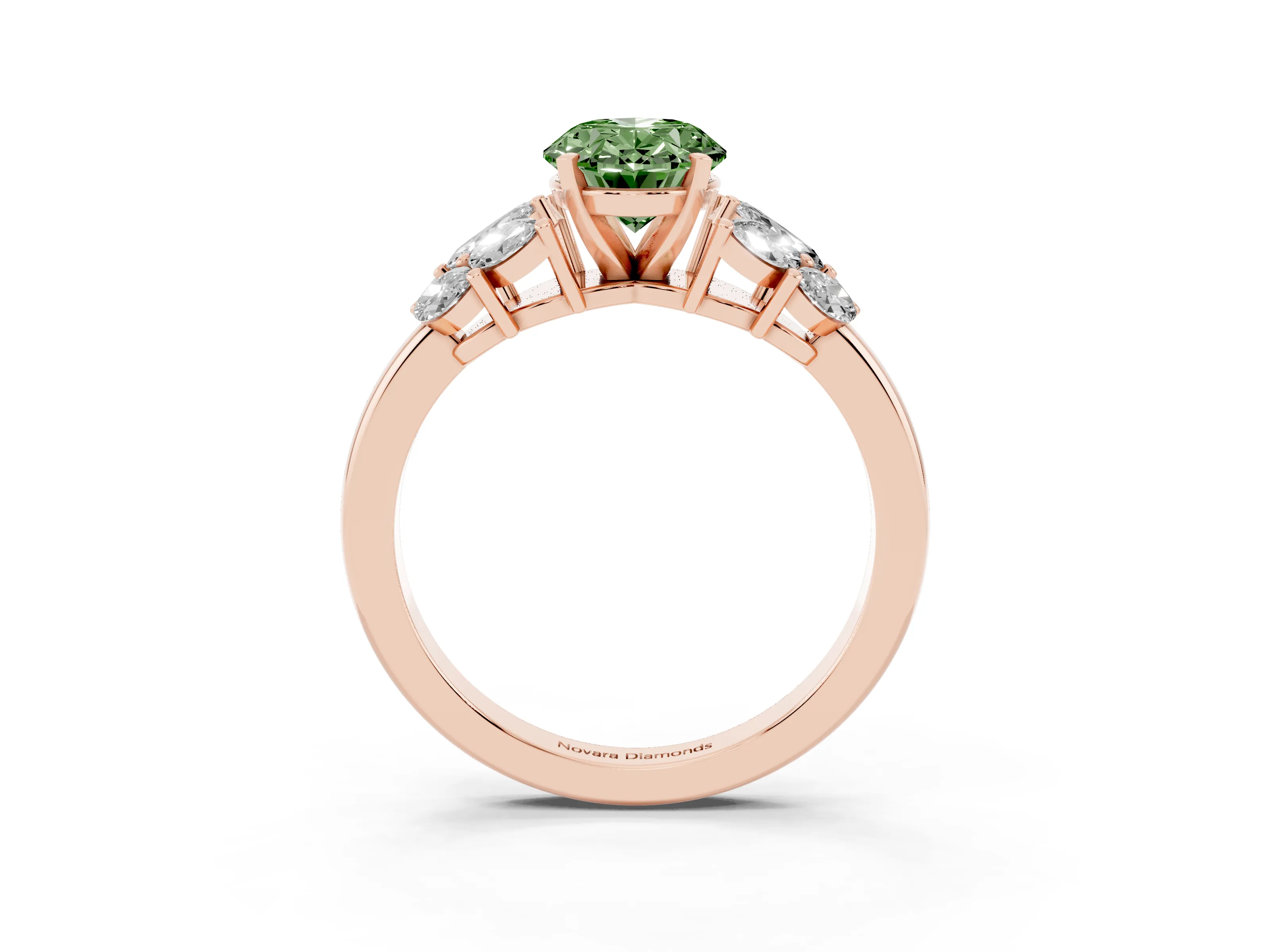 Fancy Green Oval Cut Diamond Cluster Leaf Design Ring Set in Rose gold with Prong Setting