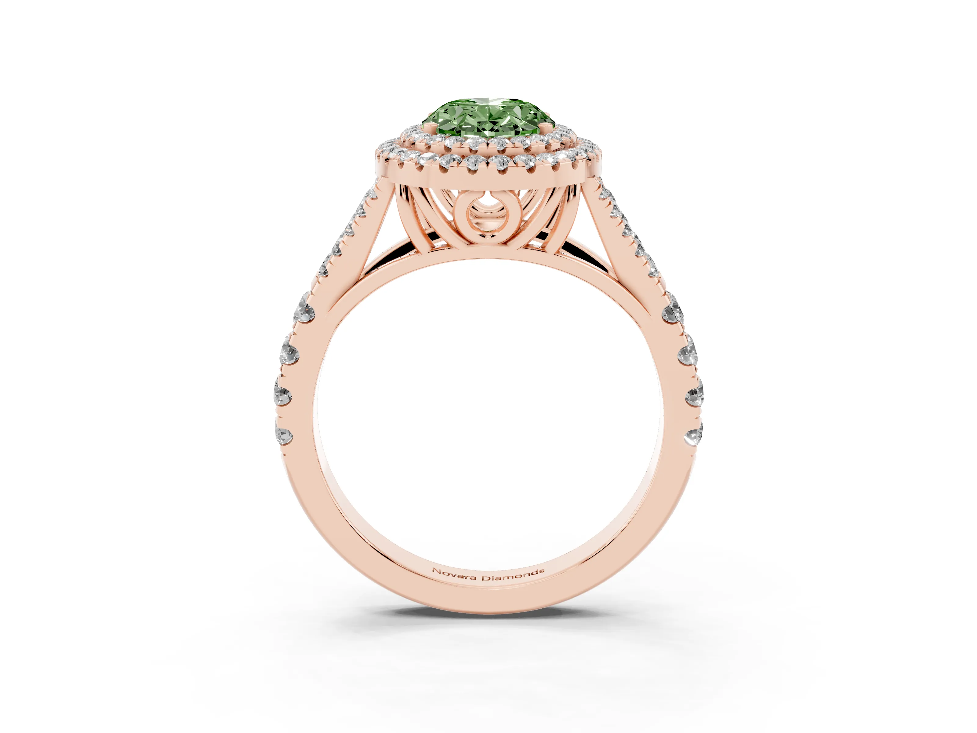 Fancy Green Oval Cut Diamond Pavé Split Shank Double Halo Engagement Ring Set in Rose gold